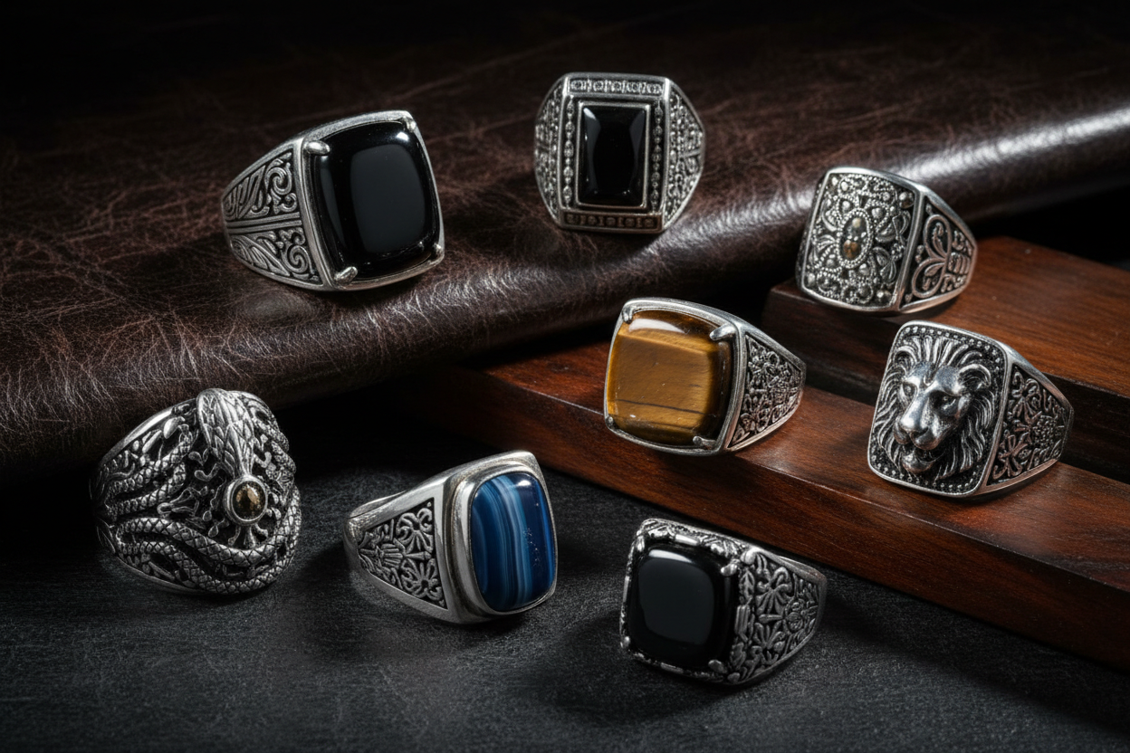 50 bagues homme argent 925 - chevalières, onyx, œil de tigre et pierres naturelles