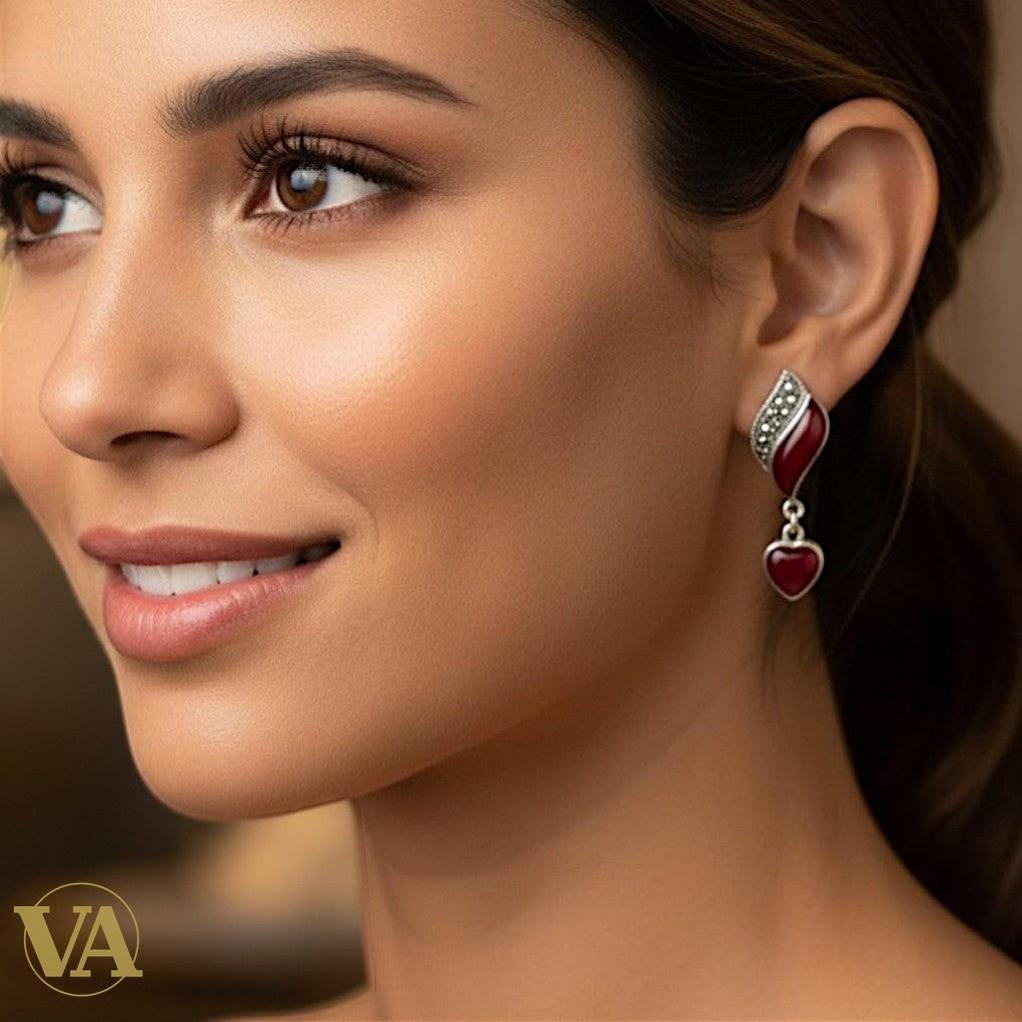 Boucles d'Oreilles Cornaline Argent 925 Marcassite - Pendantes Cœur