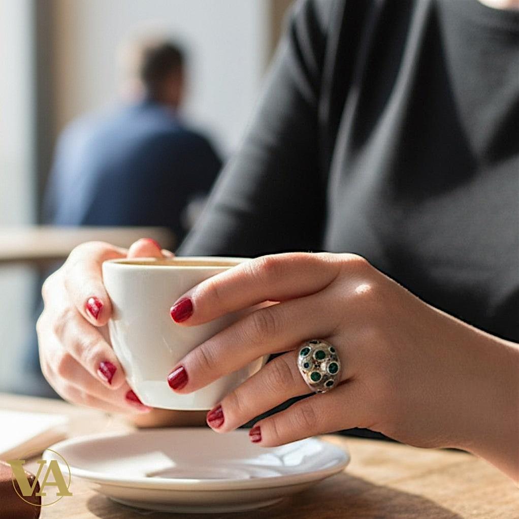 Bague Argent 925 Large Pierres Vertes