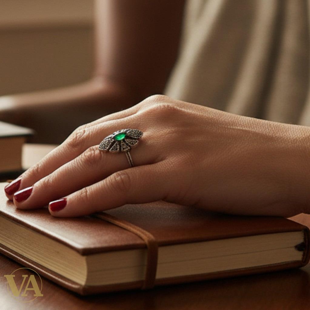 Bague Femme Argent 925 – Pierre Verte Marquise & Marcassites