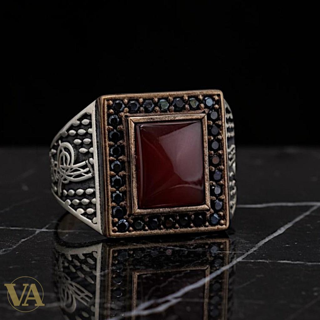 Chevalière Homme Argent 925 – Cornaline & Onyx Noir Bipartite, Tughra Ottomane & Zircons