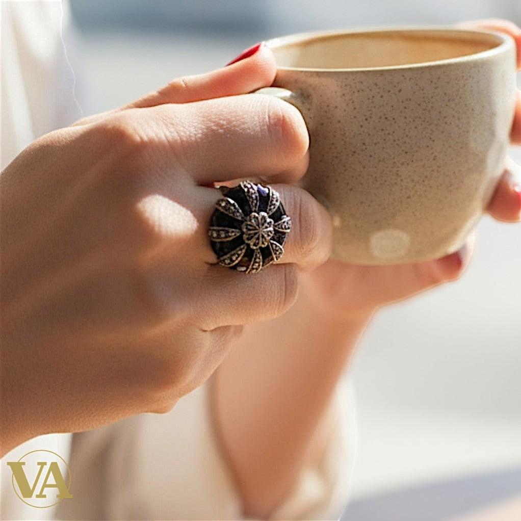 Bague femme argent 925 onyx noir et marcassites