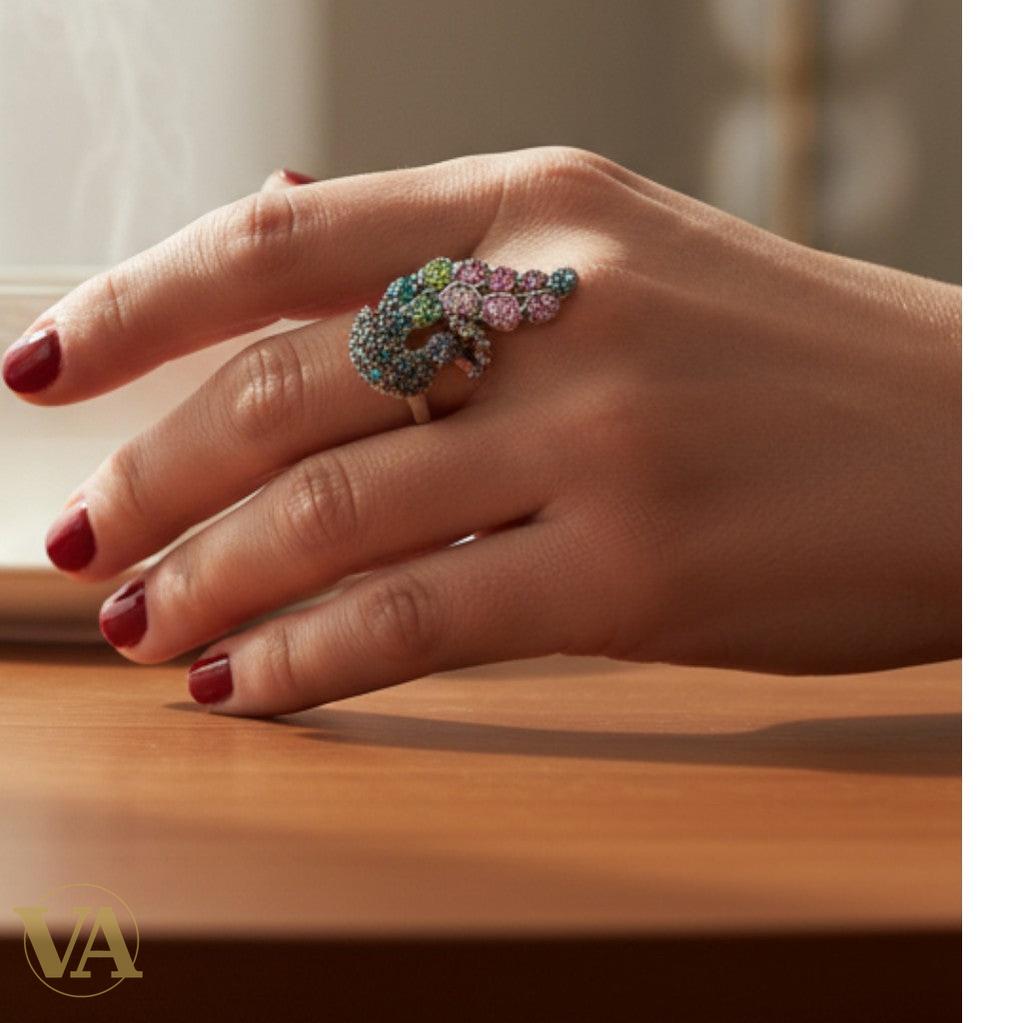 Bague argent 925 paon pierres colorées