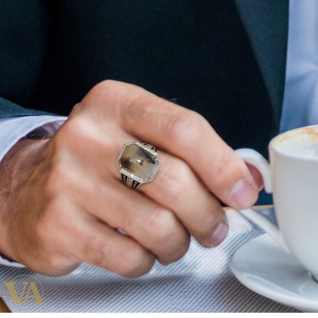 Bague homme argent 925 agate dendritique