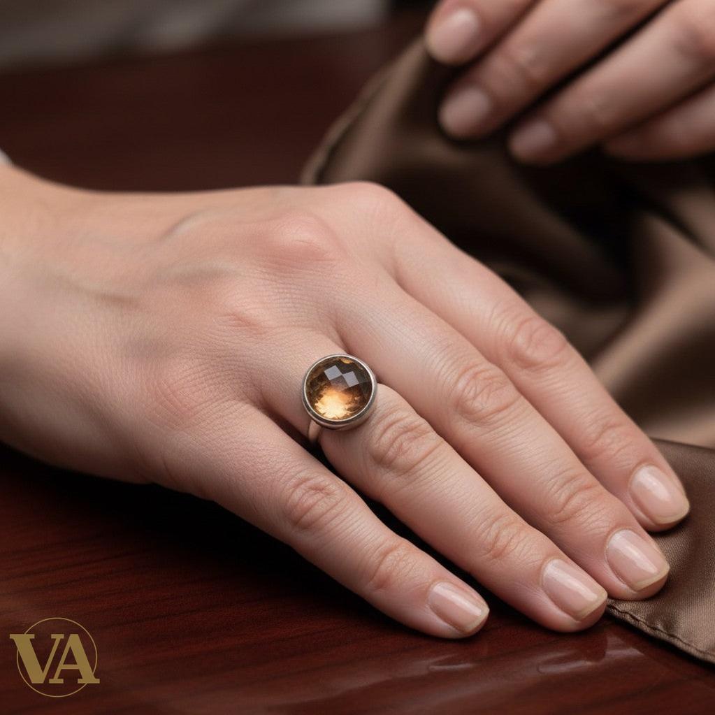 Bague femme Argent 925 Massif Quartz Fumé Facetté