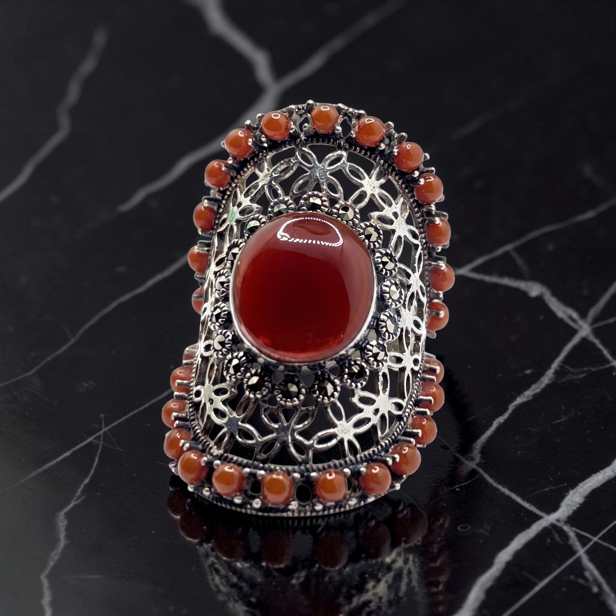 Bague Femme Argent 925 Cornaline Marcassite Ajourée-Vindicta : Bijoux Argent 925 Massif, Luxe et Héritage