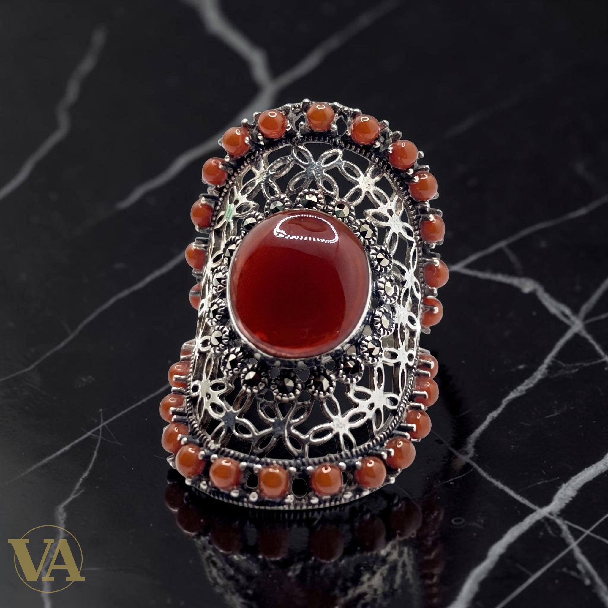 Bague Femme Argent 925 Cornaline Marcassite Ajourée