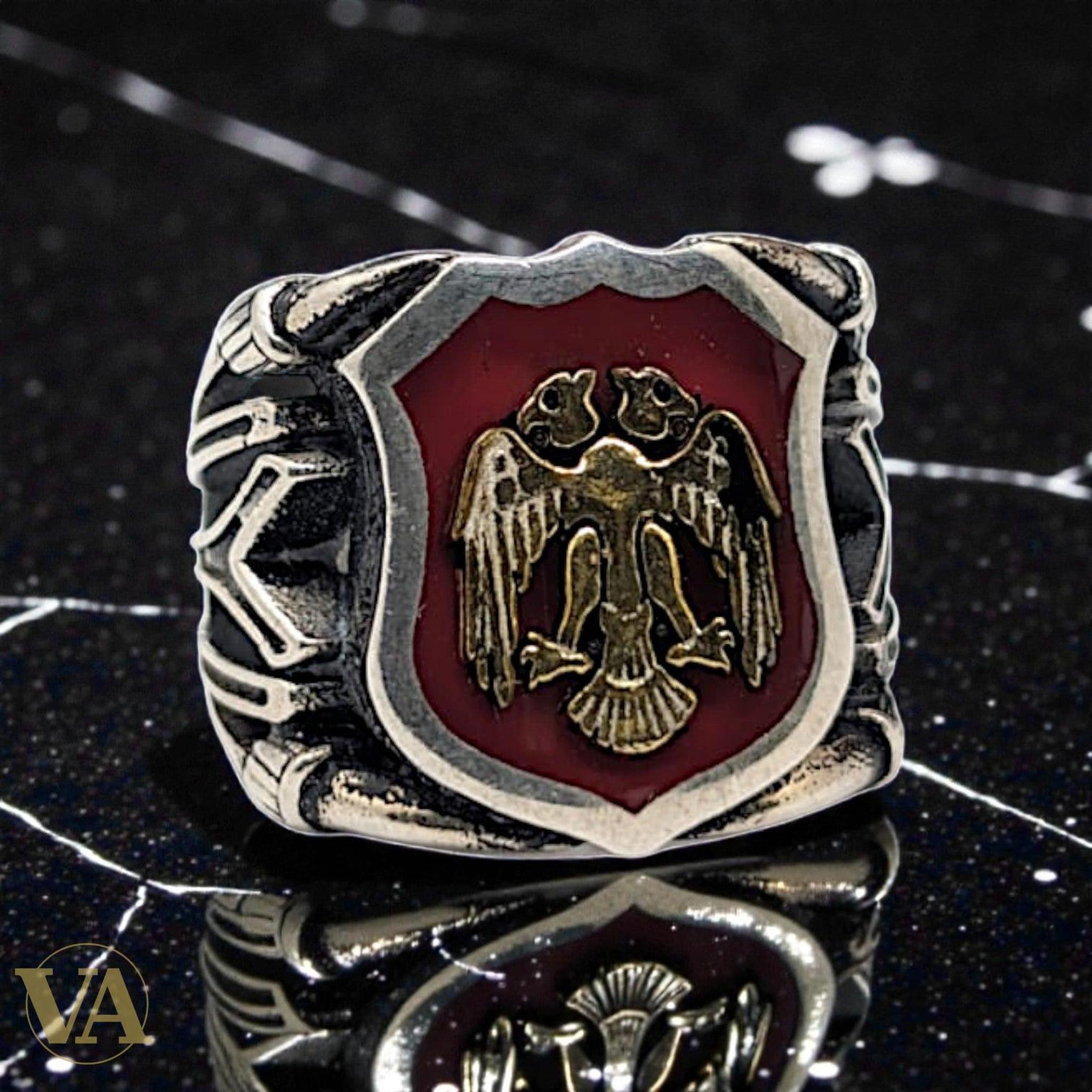 Bague homme argent 925 – Aigle Bicéphale Ottoman & Cornaline Rouge - Argent 925 - Vindicta