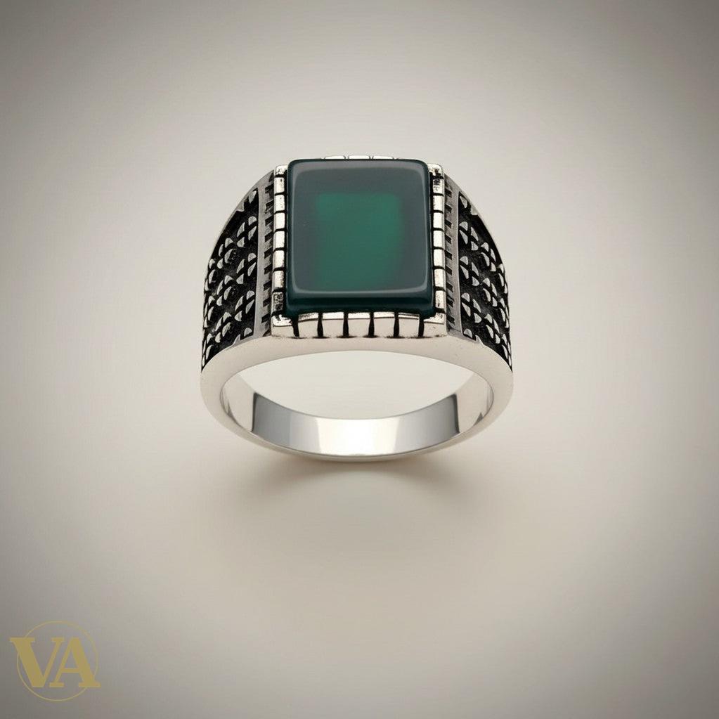 Chevalière Homme Argent 925 Pierre Aventurine Verte