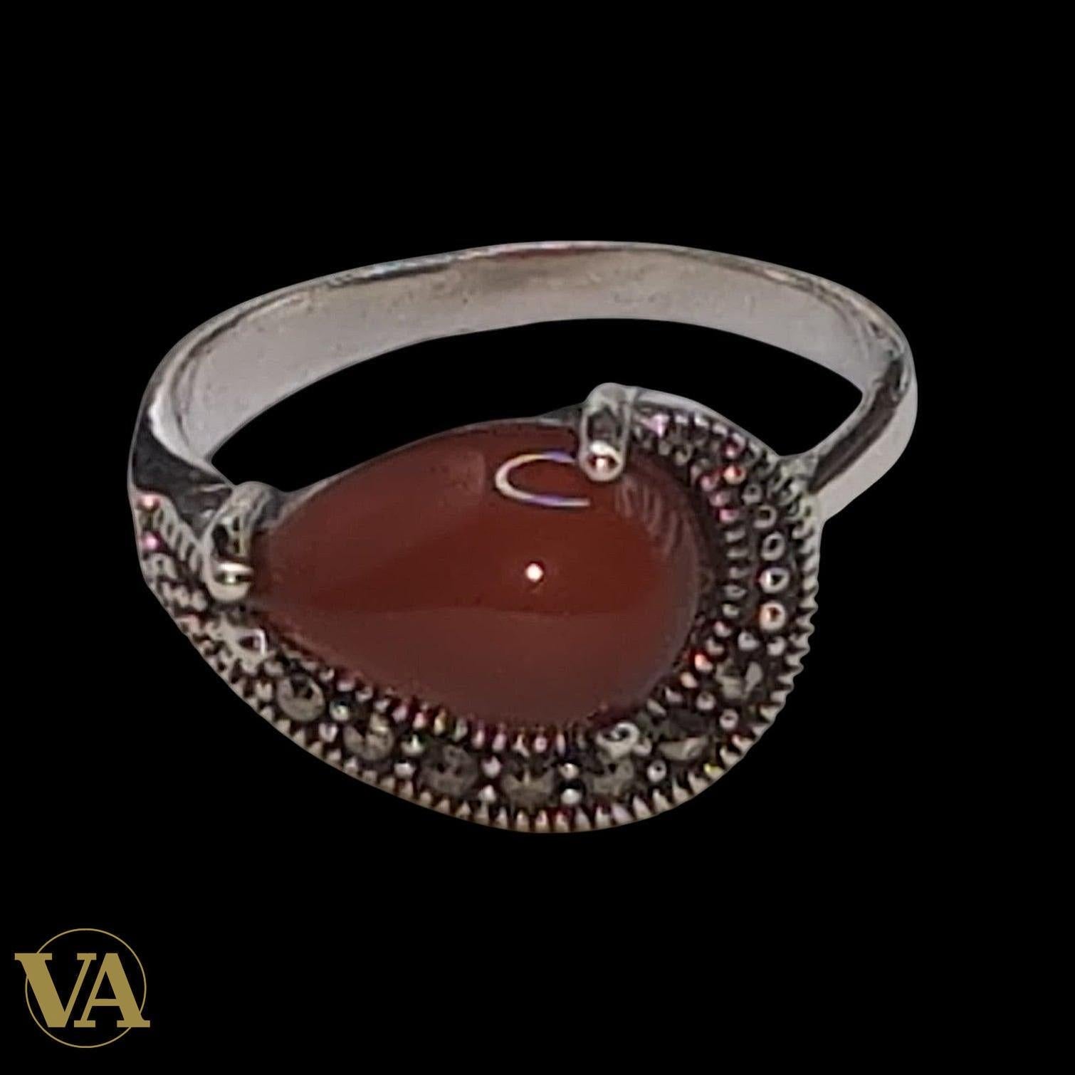 Bague Femme Argent 925 Cornaline Goutte & Marcassite – Bijou Vintage Élégant