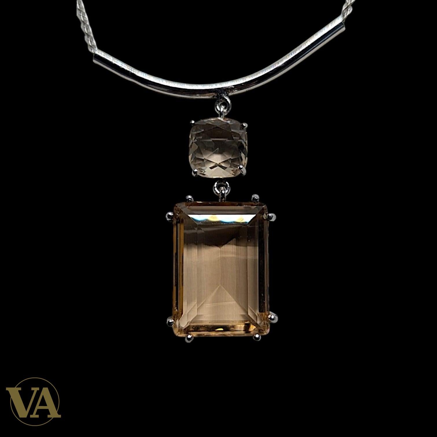 Collier Femme Quartz Fumé Argent 925 — Pendentif Double Pierre Taille Émeraude | Bijoux Vindicta