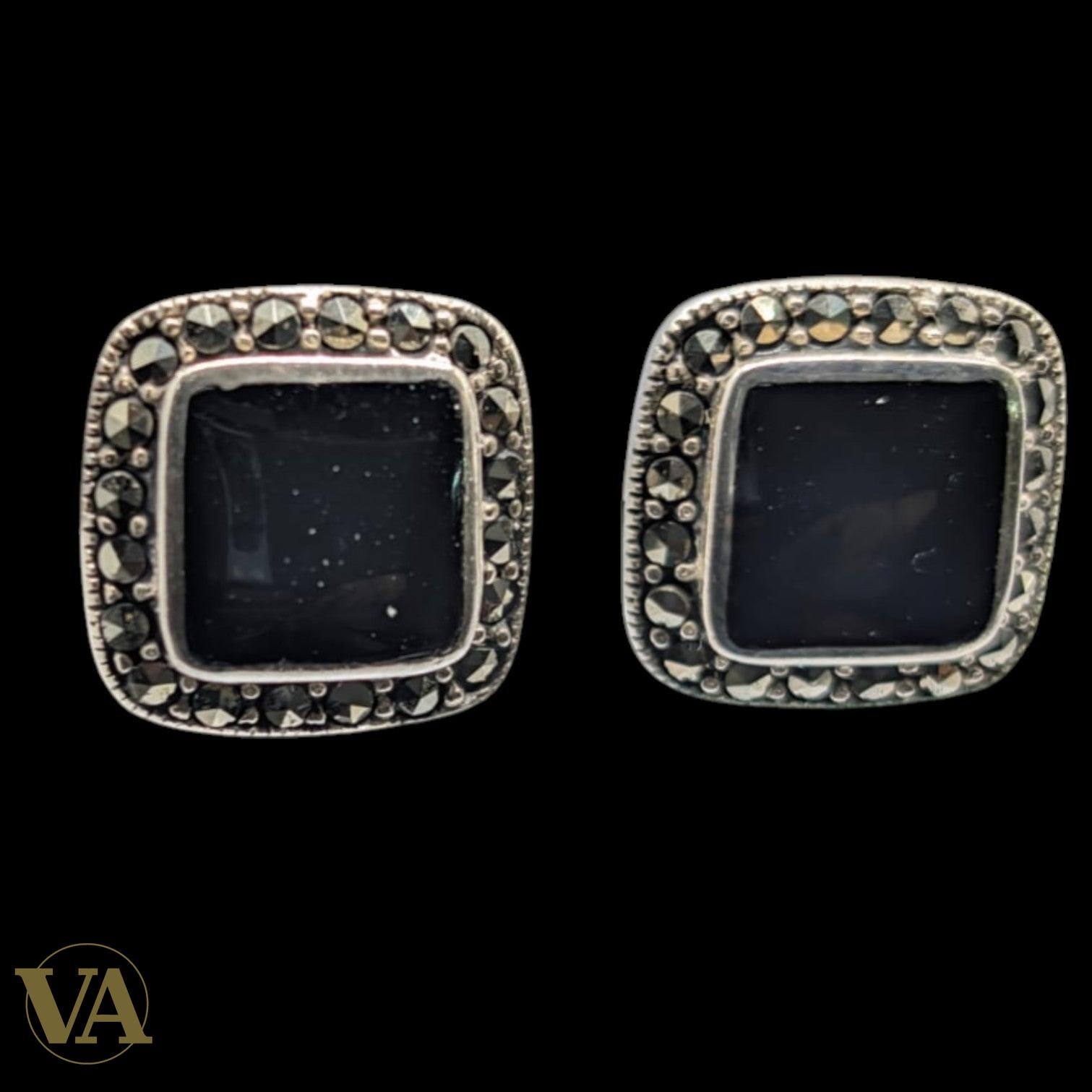 Boucles d’oreilles Argent 925 Onyx Noir & Marcassite – Carrées Élégantes