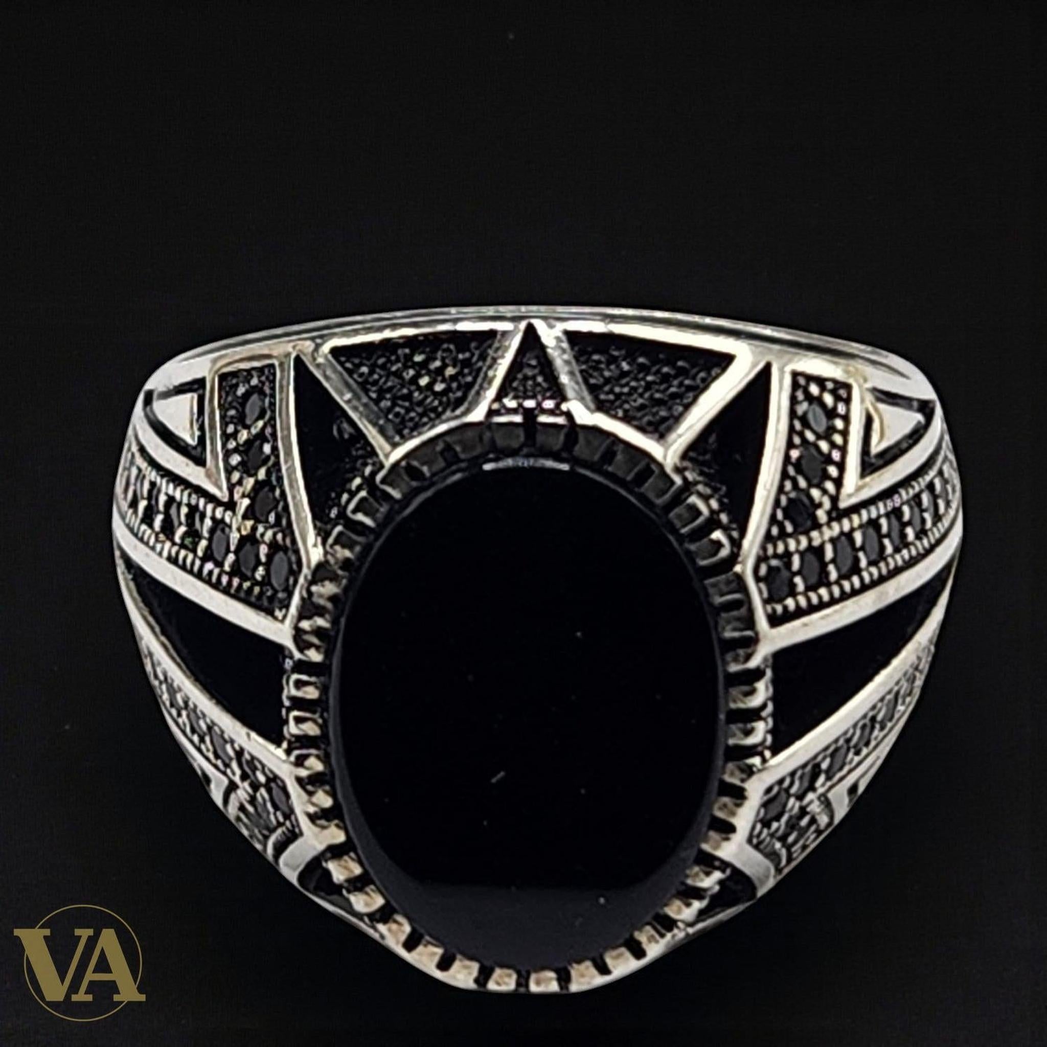 Bague Homme Argent 925 – Onyx noir cabochon ovale & design géométrique - Argent 925 - Vindicta