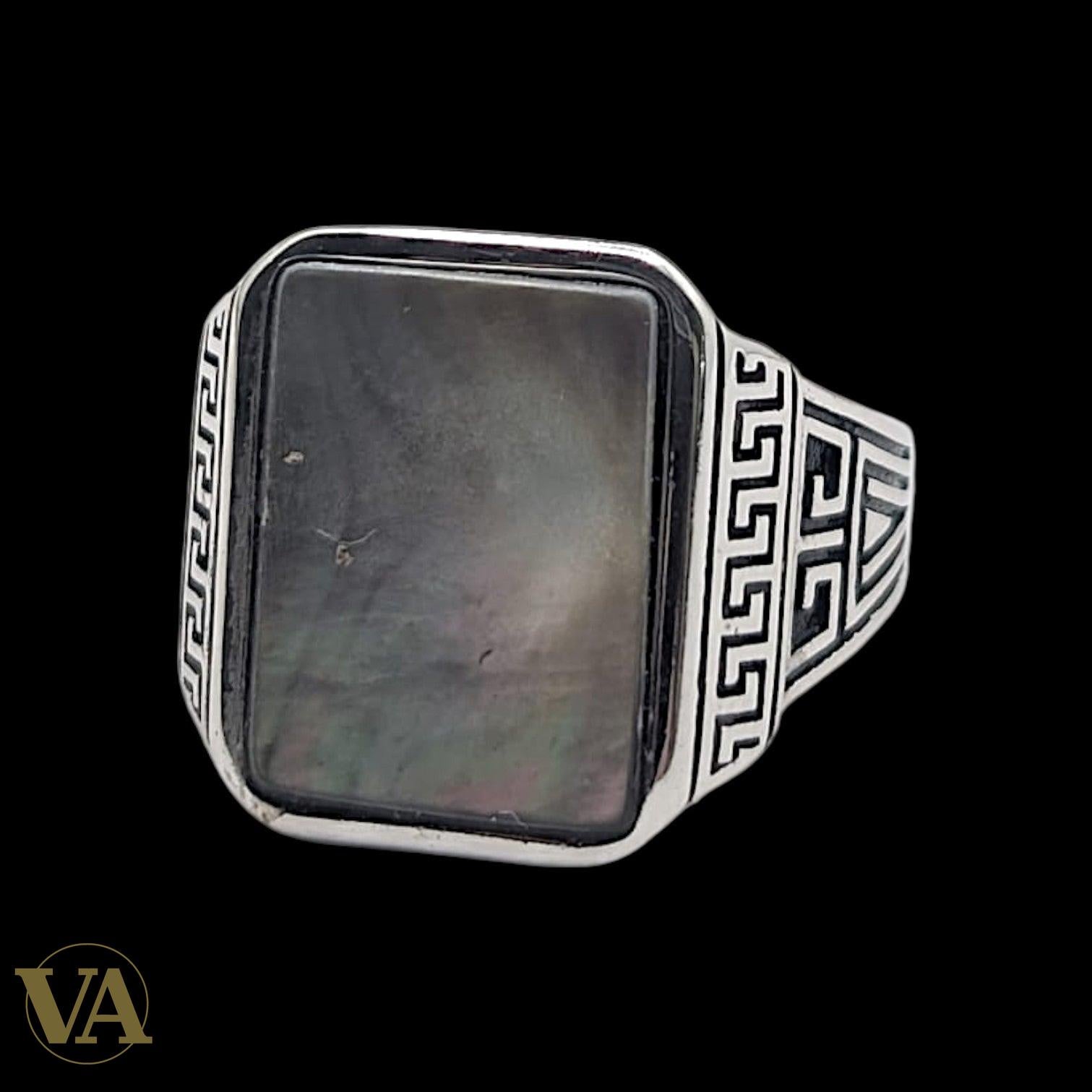 Chevalière Homme Argent 925 Nacre Noire Motifs Grecs-Vindicta : Bijoux Argent 925 Massif, Luxe et Héritage