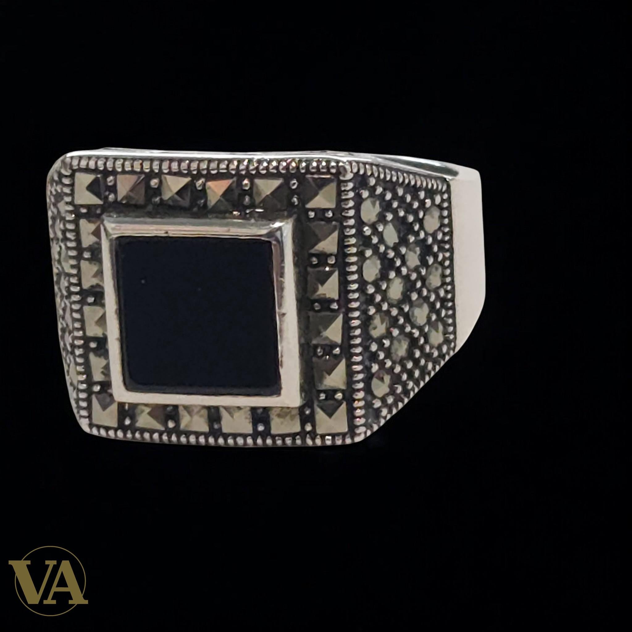 Bague Homme Argent 925 Onyx & Marcassites – Élégance Vintage