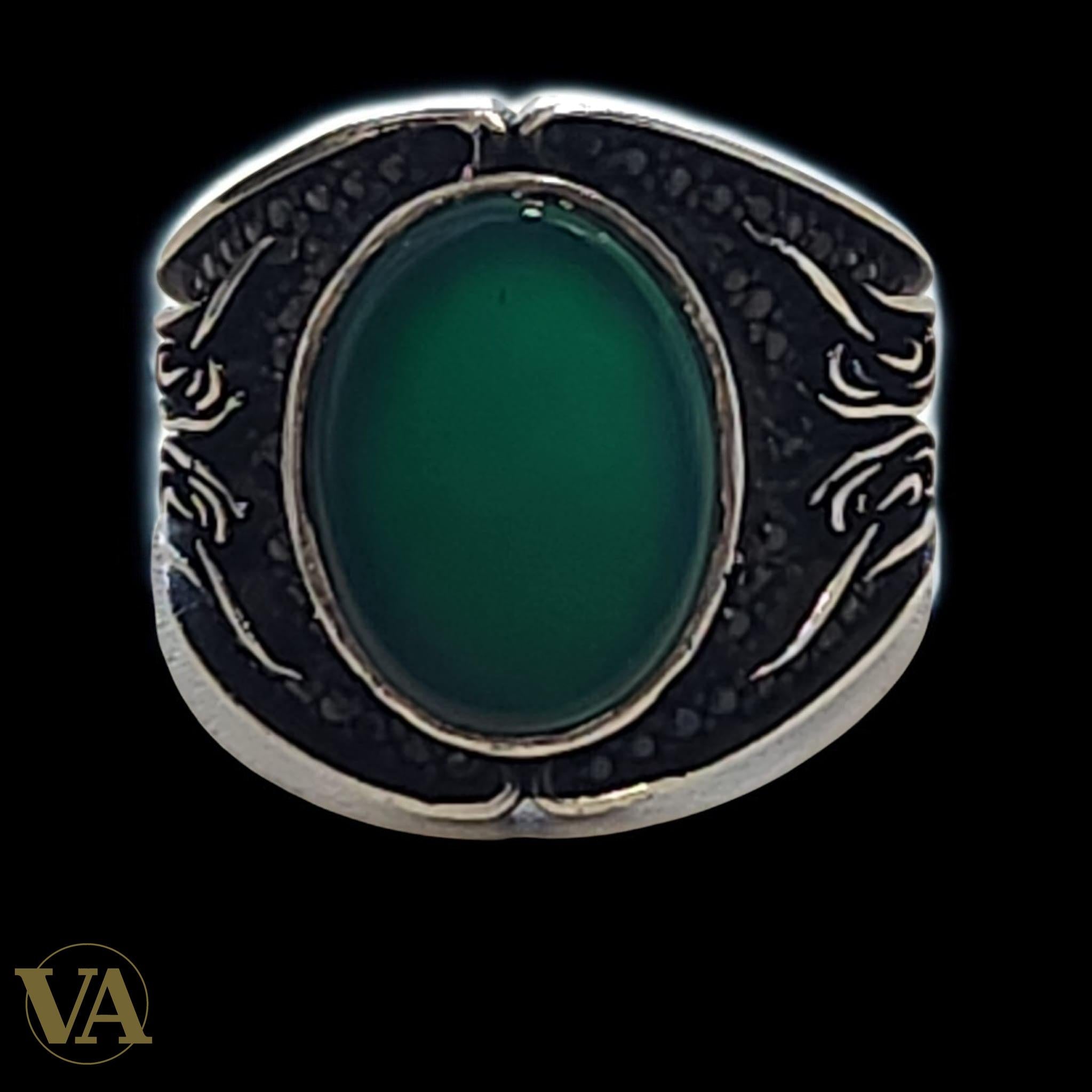 Bague homme argent 925 et calcédoine verte