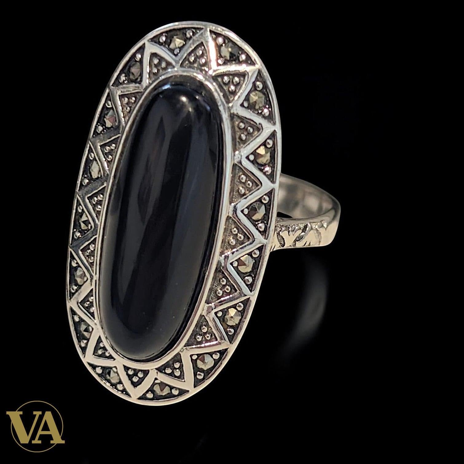 Bague femme Argent 925 Onyx Noir & Marcassites – Style Ottoman
