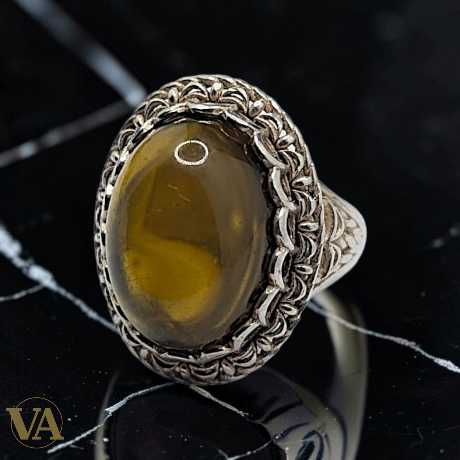 Bague Femme Argent 925 & Ambre – Cabochon Ovale Filigrane Tressé | Bijoux Vindicta
