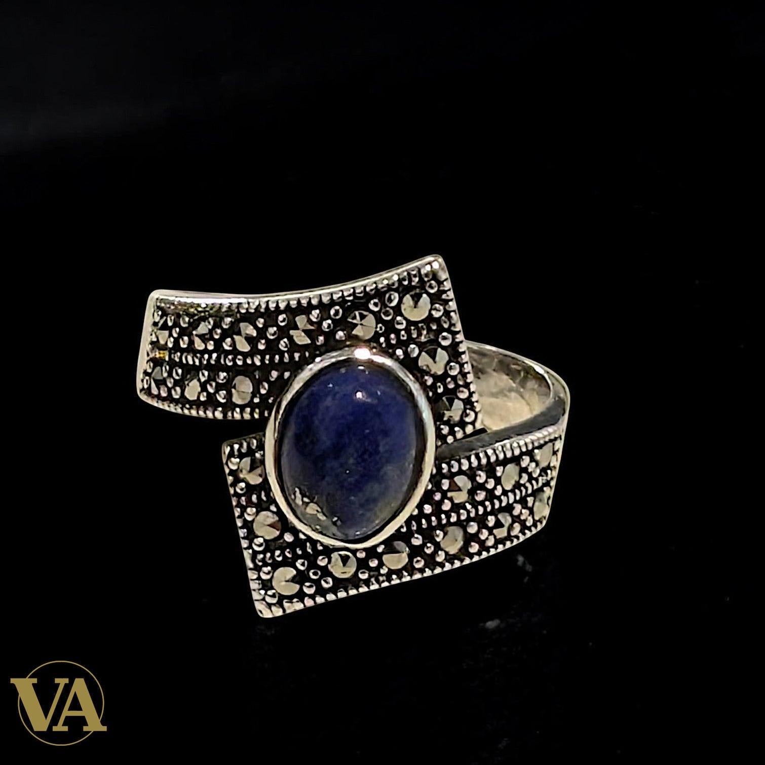 Bague femme en argent 925 avec lapis-lazuli et marcassite – Style vintage artisanal