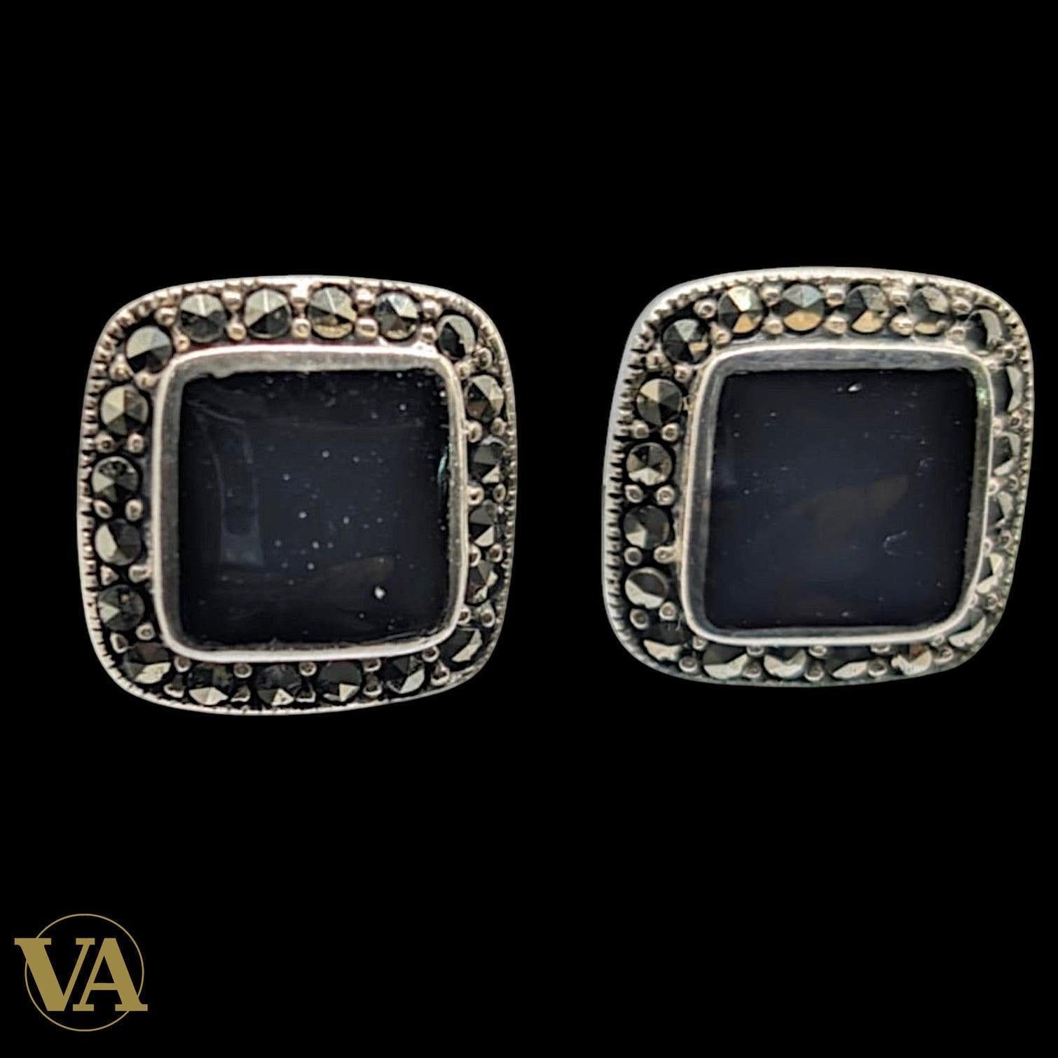 Boucles d’oreilles Argent 925 Onyx Noir & Marcassite – Carrées Élégantes
