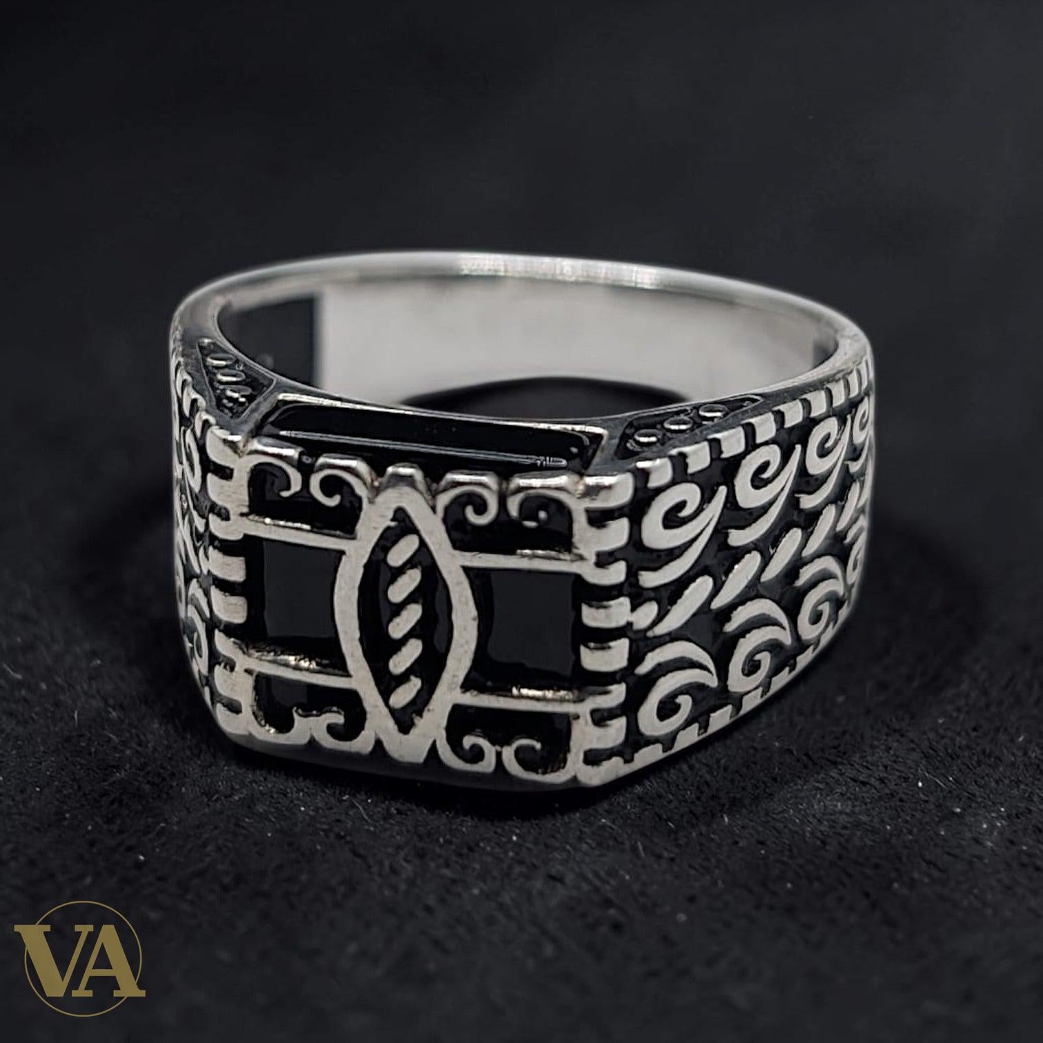 Chevalière Homme Argent 925 Onyx Noir Spirales Gravées - Argent 925 - Vindicta