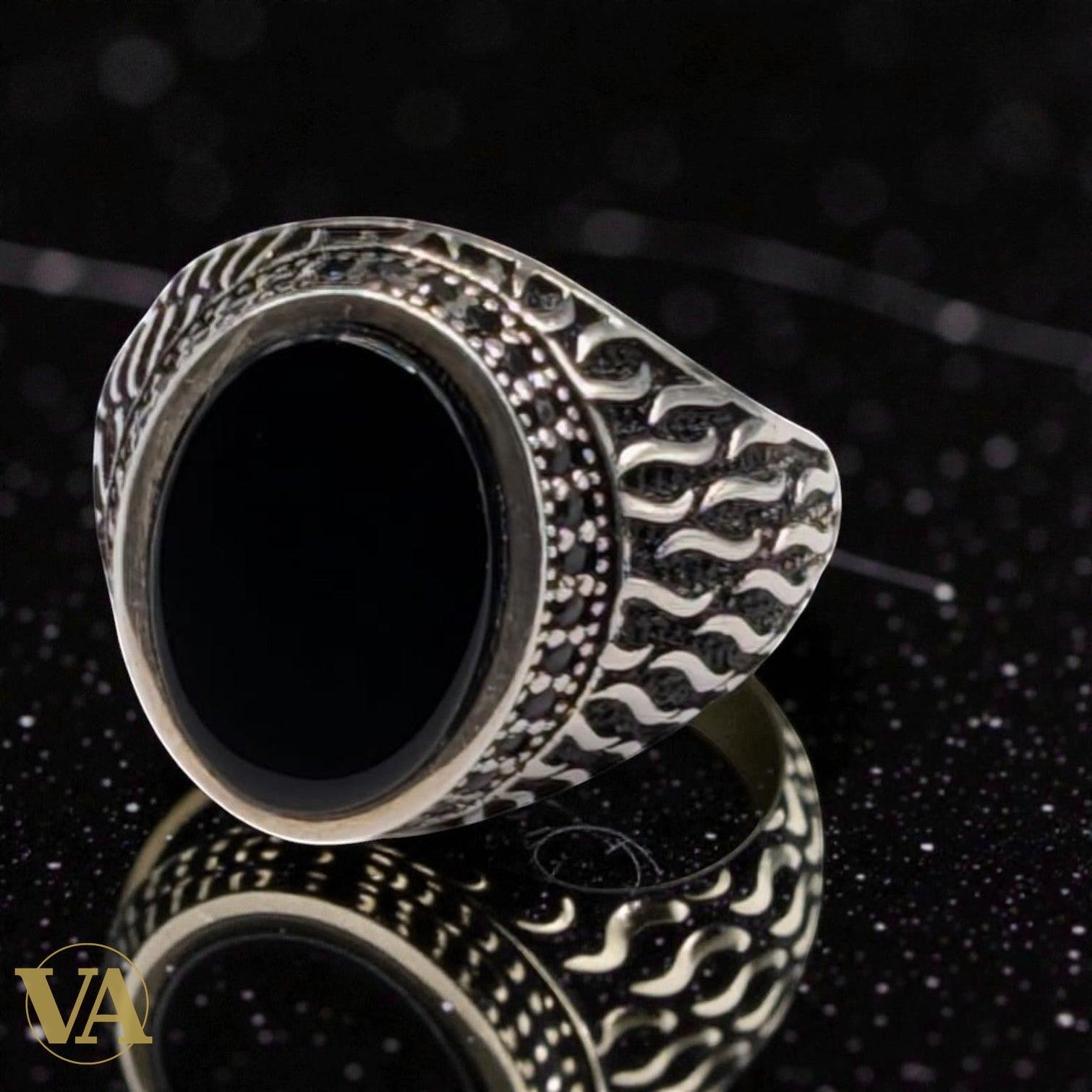 Bague Homme Argent 925 Onyx Noir Ovale – Motif Flammes Ottoman | Bijoux Vindicta