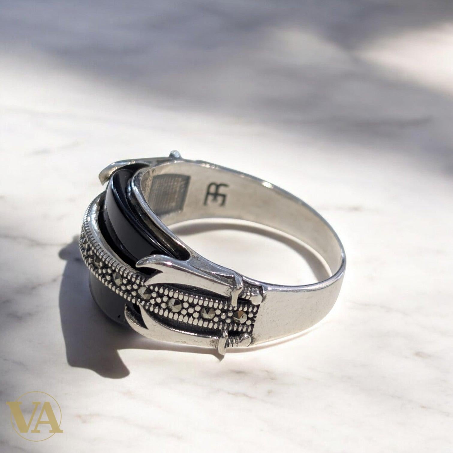 Bague Homme Argent 925 – Onyx Noir & Marcassite