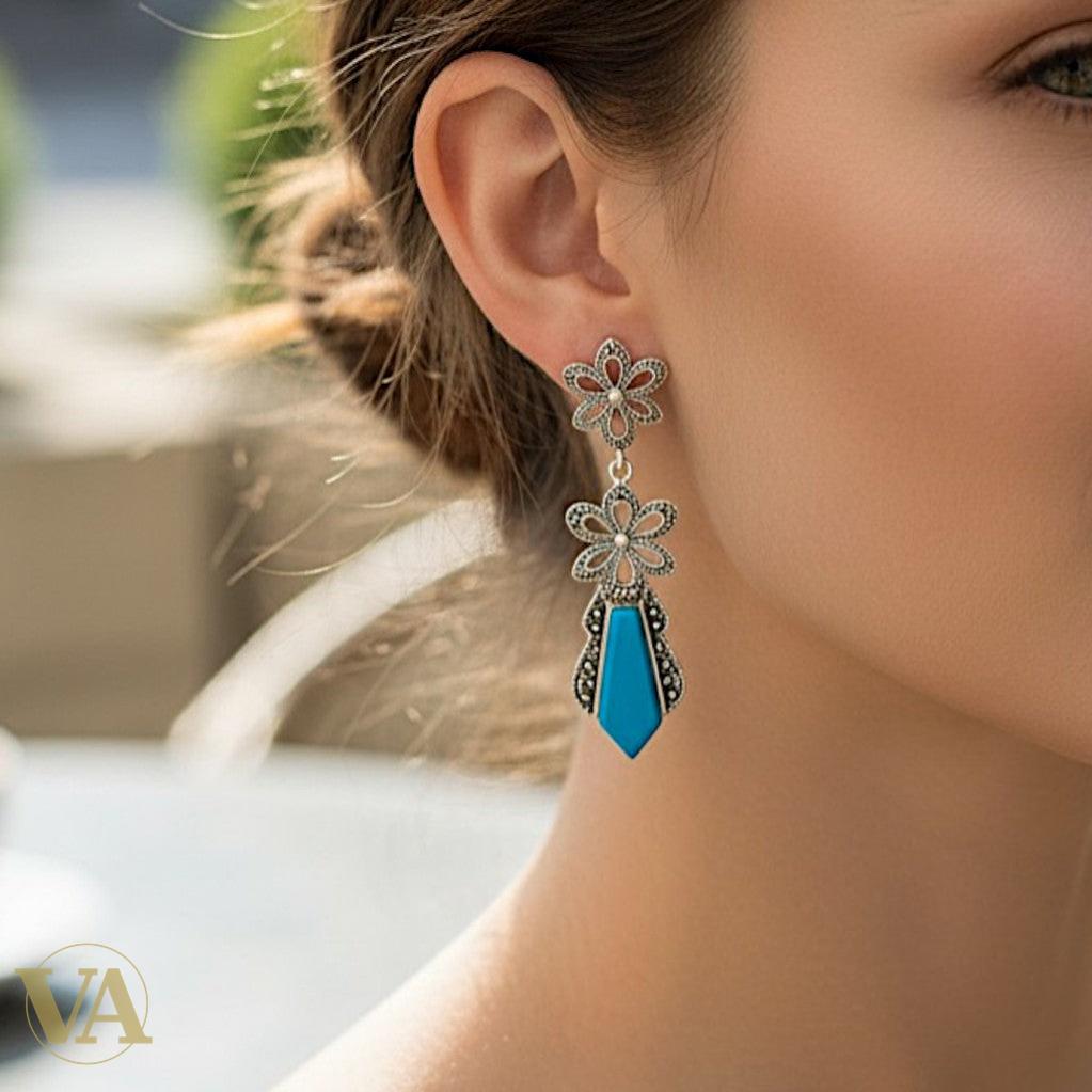 Boucles d'Oreilles Femme Argent 925 Turquoise et Marcassite | Bijoux Vindicta