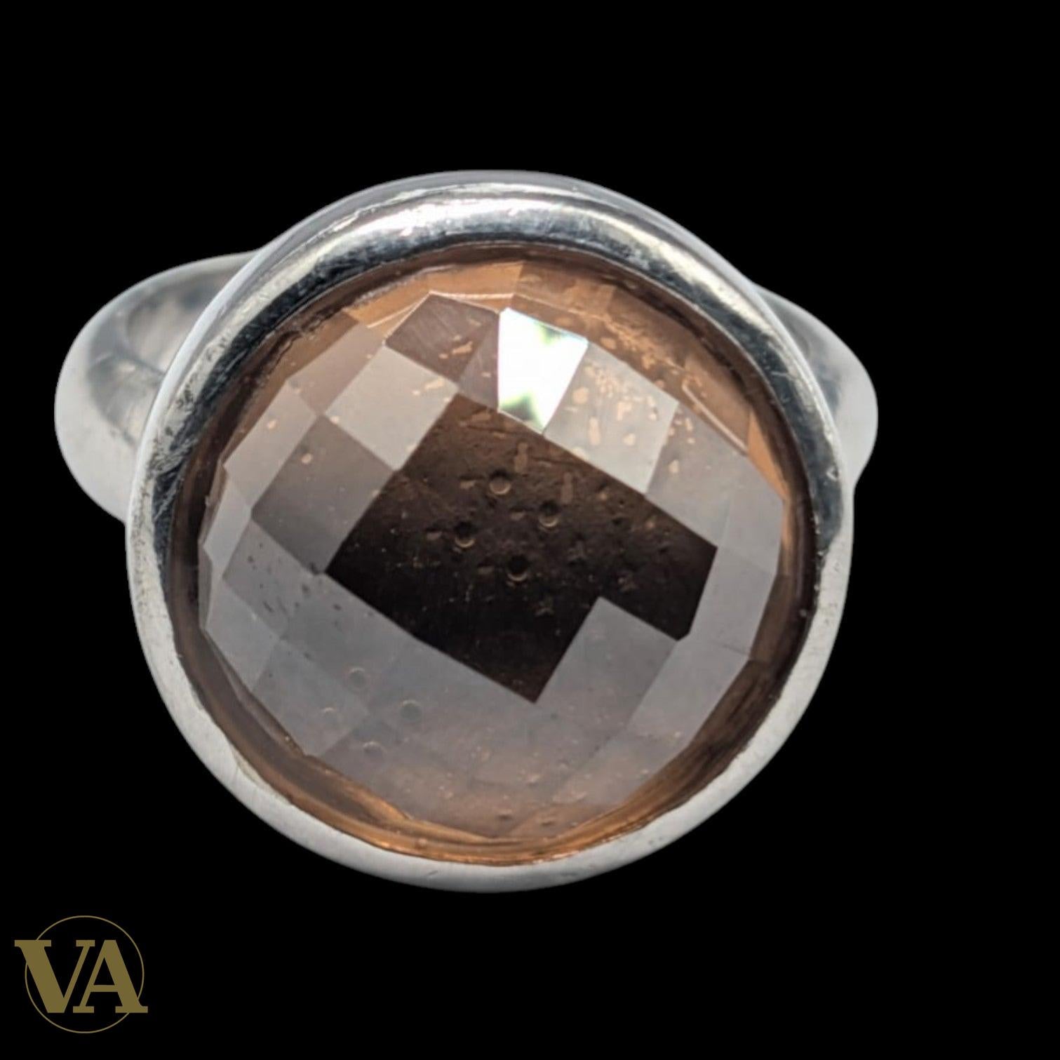 Bague femme Argent 925 Massif Quartz Fumé Facetté