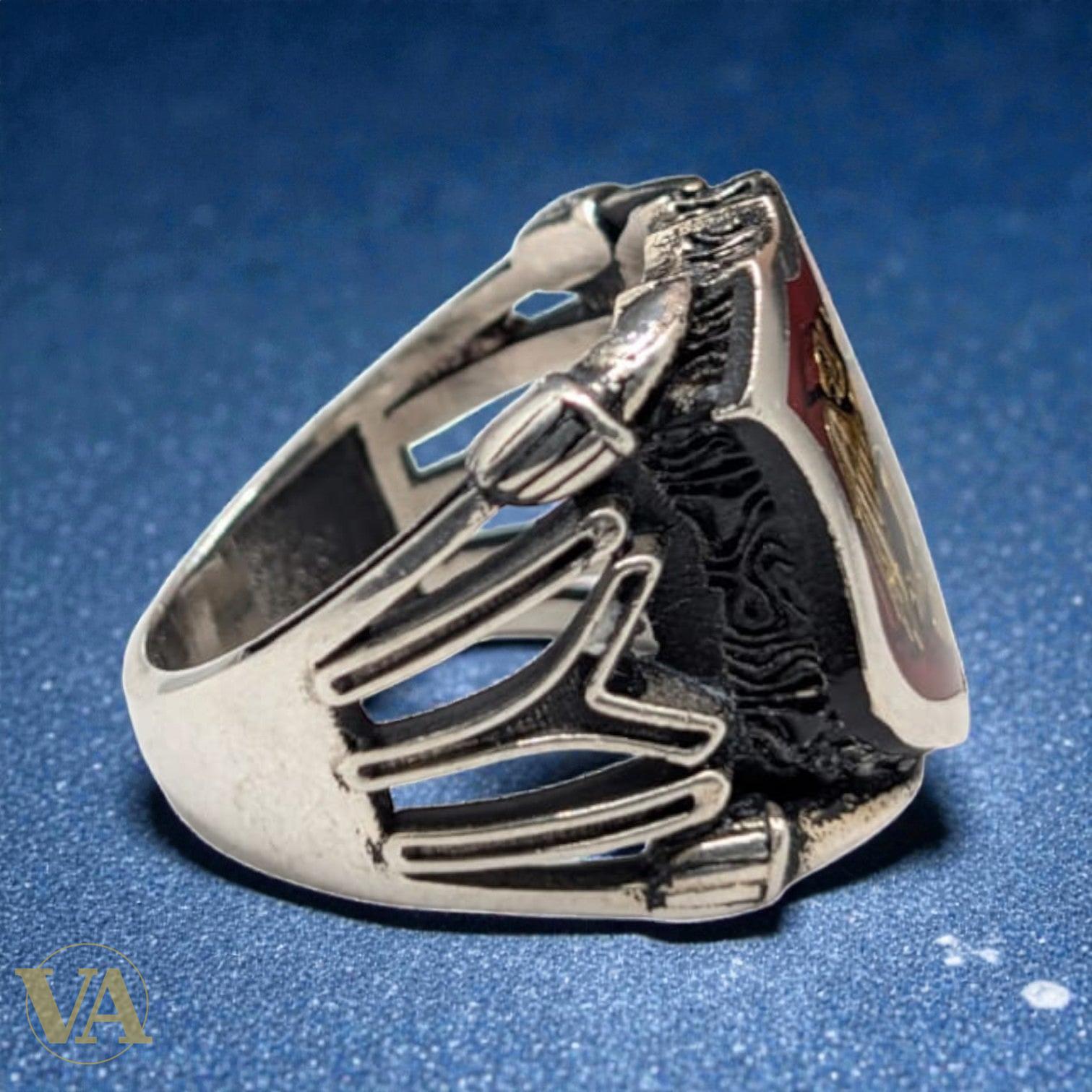 Bague homme argent 925 – Aigle Bicéphale Ottoman & Cornaline Rouge | Bijoux Vindicta