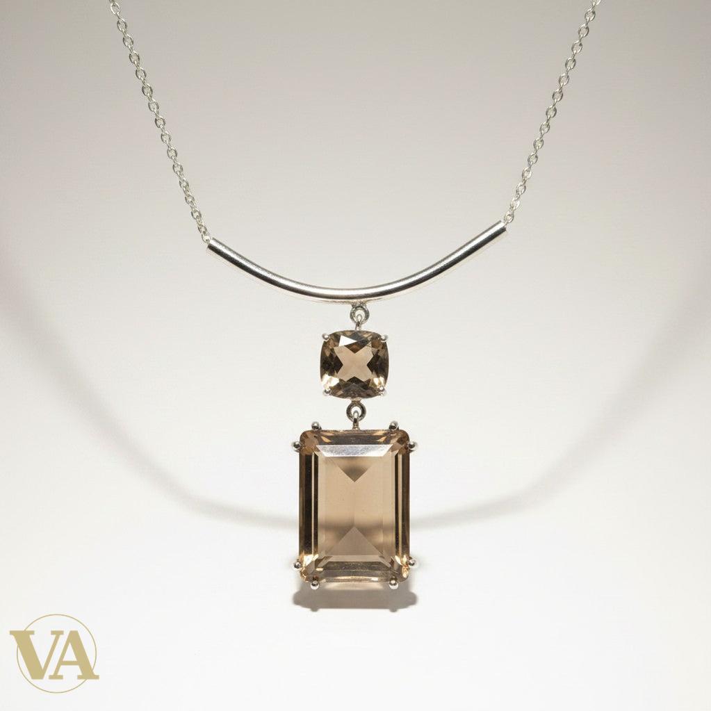 Collier Femme Quartz Fumé Argent 925 — Pendentif Double Pierre Taille Émeraude | Bijoux Vindicta