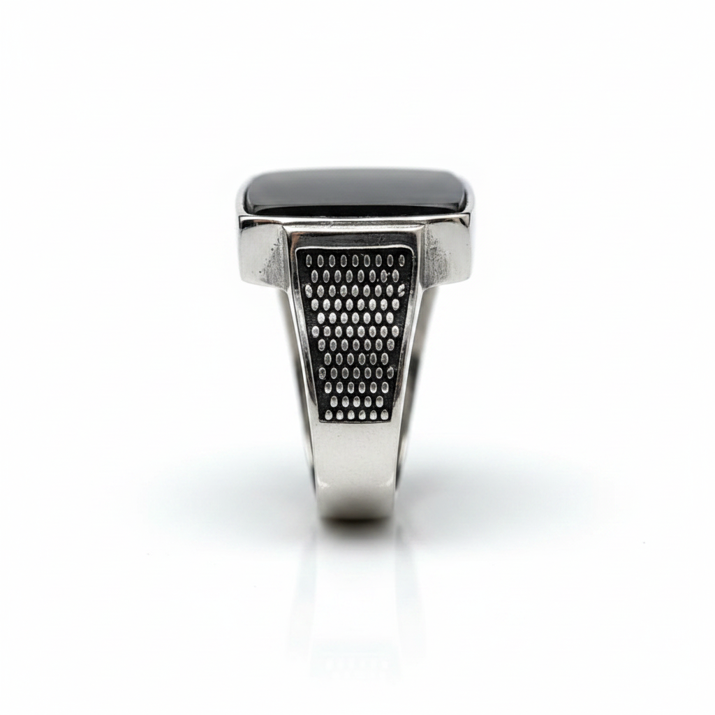 Chevalière Homme Argent 925 Nacre Gris Anthracite Cabochon Carré Ajouré