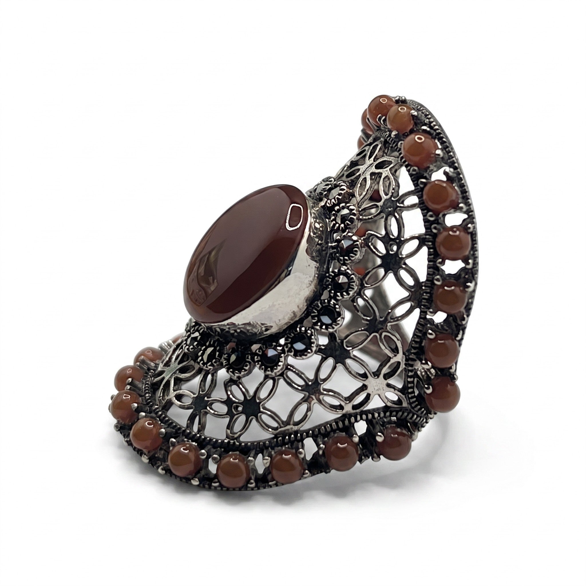Bague Femme Argent 925 Cornaline Marcassite Ajourée-Vindicta : Bijoux Argent 925 Massif, Luxe et Héritage