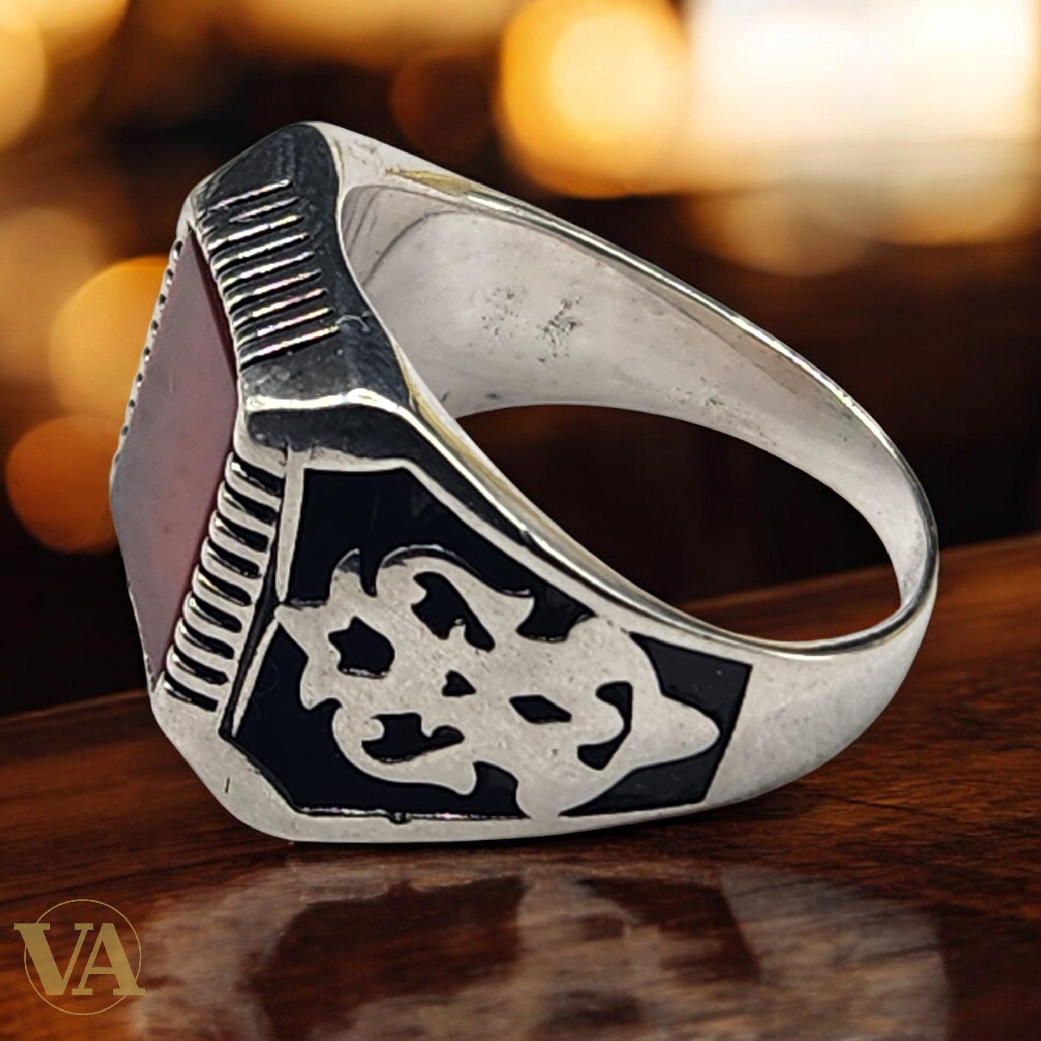 Bague Homme Argent 925 – Cornaline rouge carrée & monture gravée - Argent 925 - Vindicta