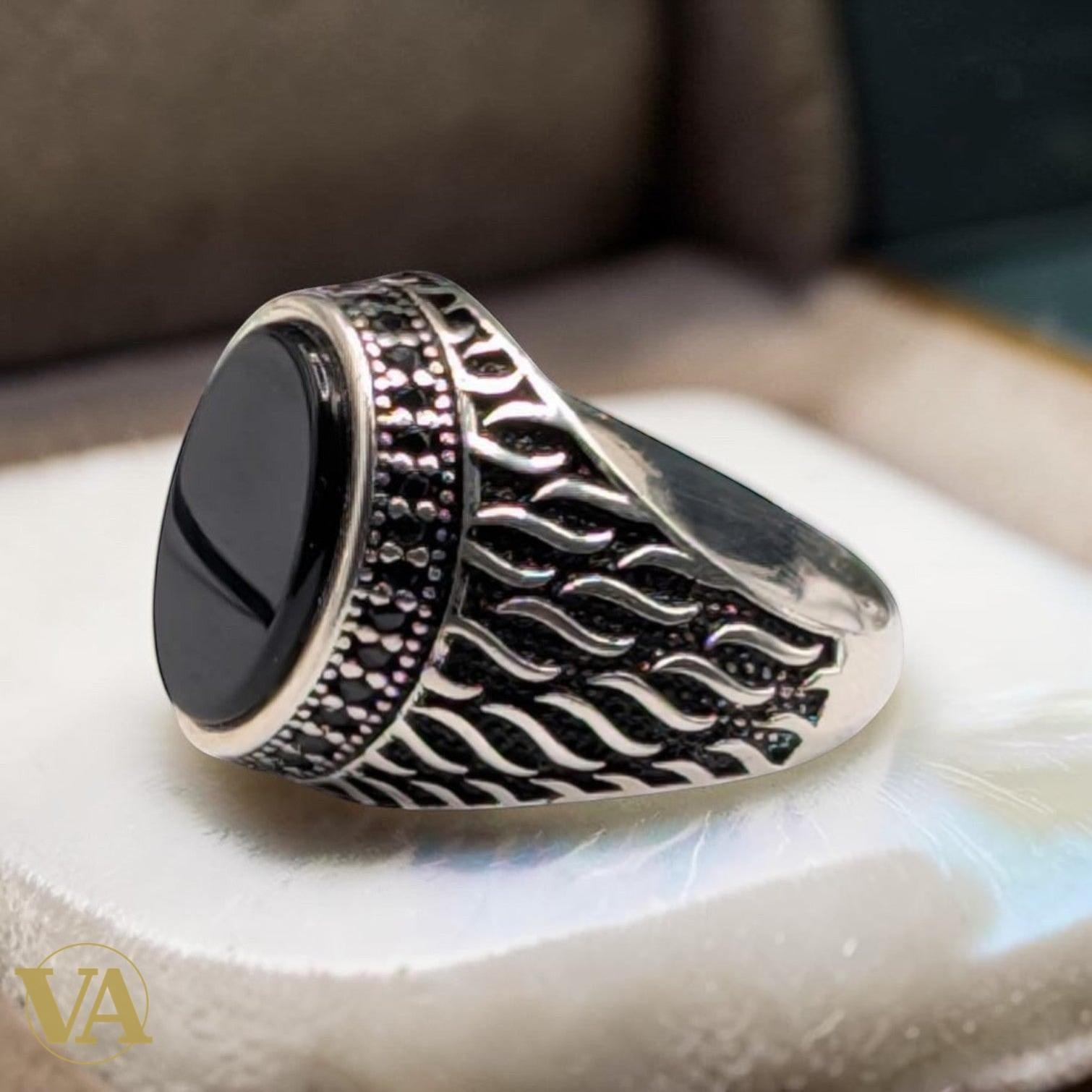 Bague Homme Argent 925 Onyx Noir Ovale – Motif Flammes Ottoman | Bijoux Vindicta