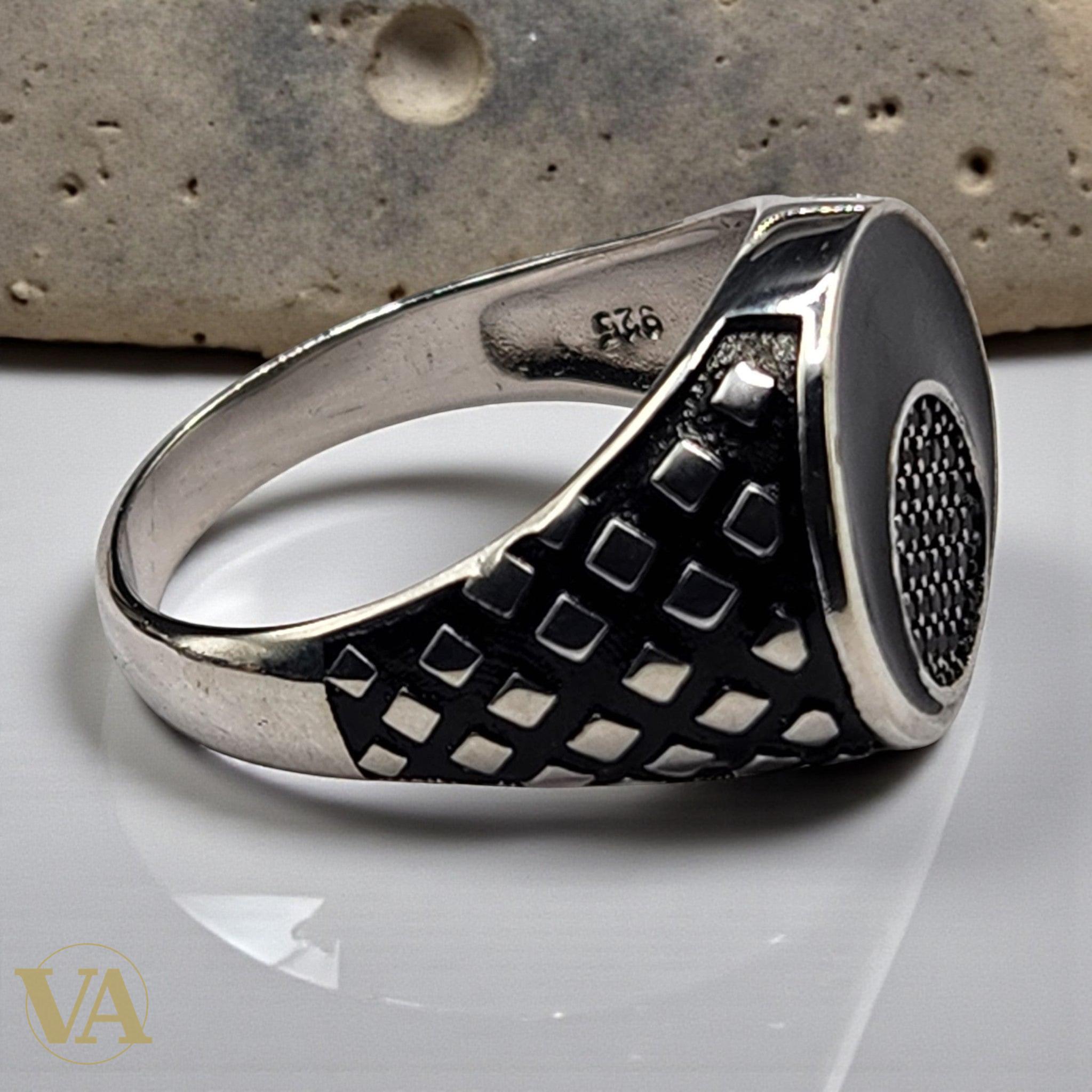 Bague Homme Argent 925 – Onyx noir circulaire & centre texturé