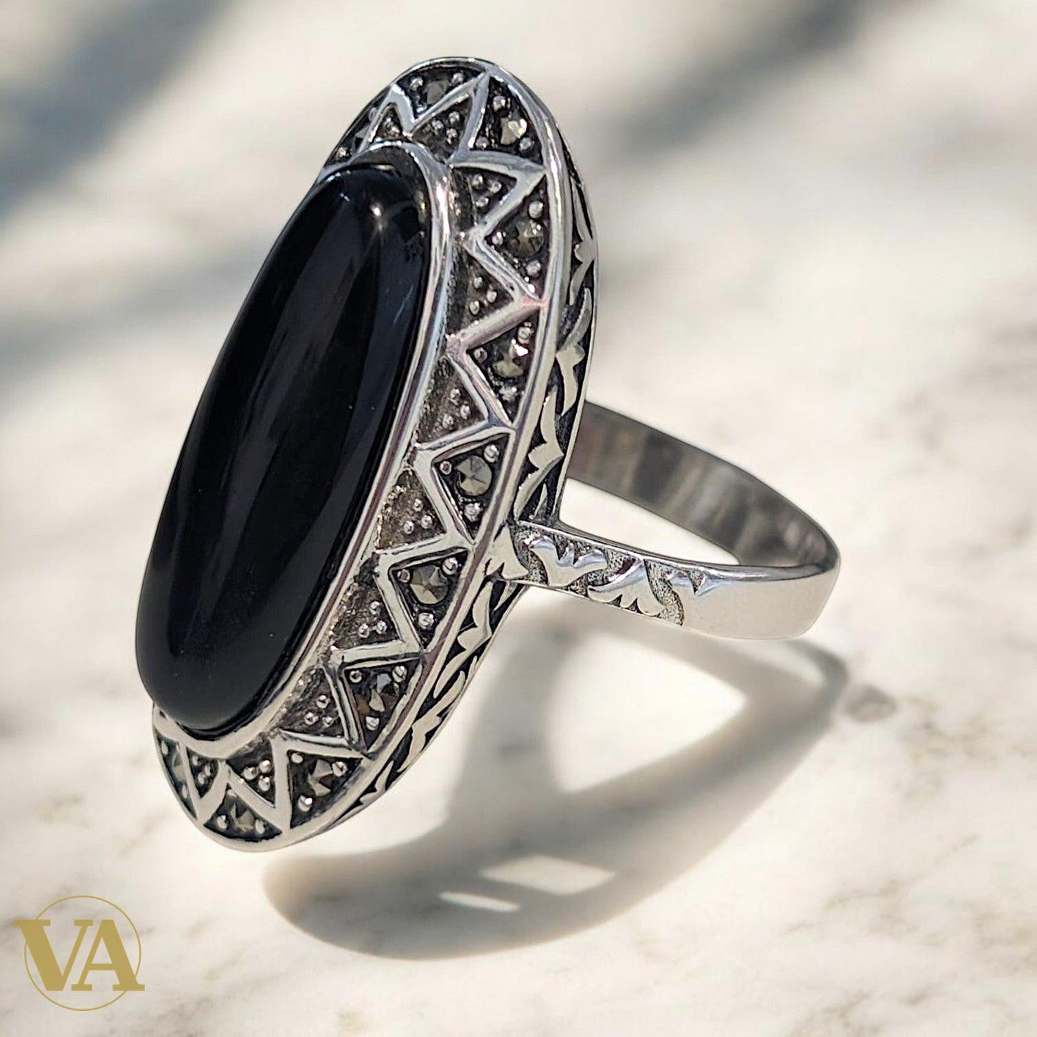 Bague femme Argent 925 Onyx Noir & Marcassites – Style Ottoman | Bijoux Vindicta