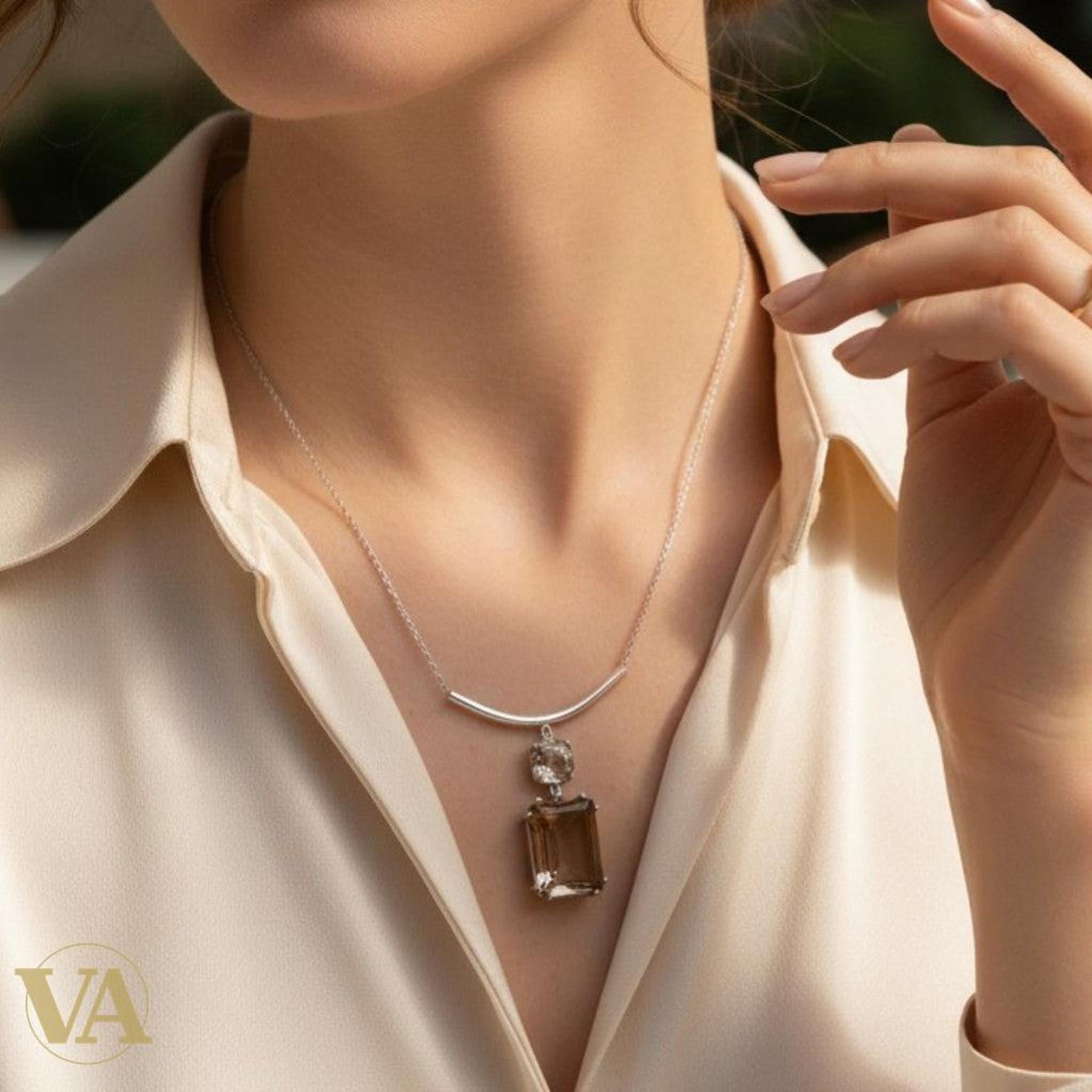 Collier Femme Quartz Fumé Argent 925 — Pendentif Double Pierre Taille Émeraude - Argent 925 - Vindicta