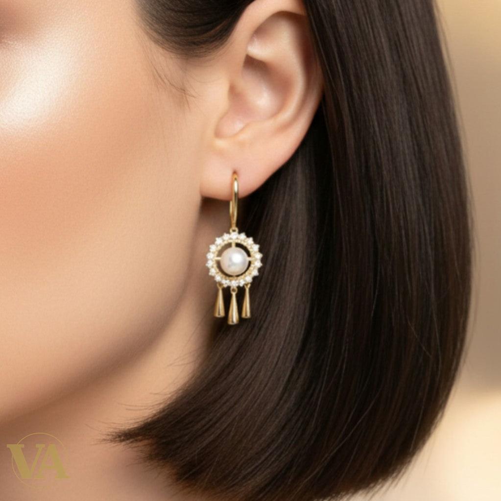 Boucles d’Oreilles Femme en Argent Plaqué Or – Perle & Oxydes de Zirconium