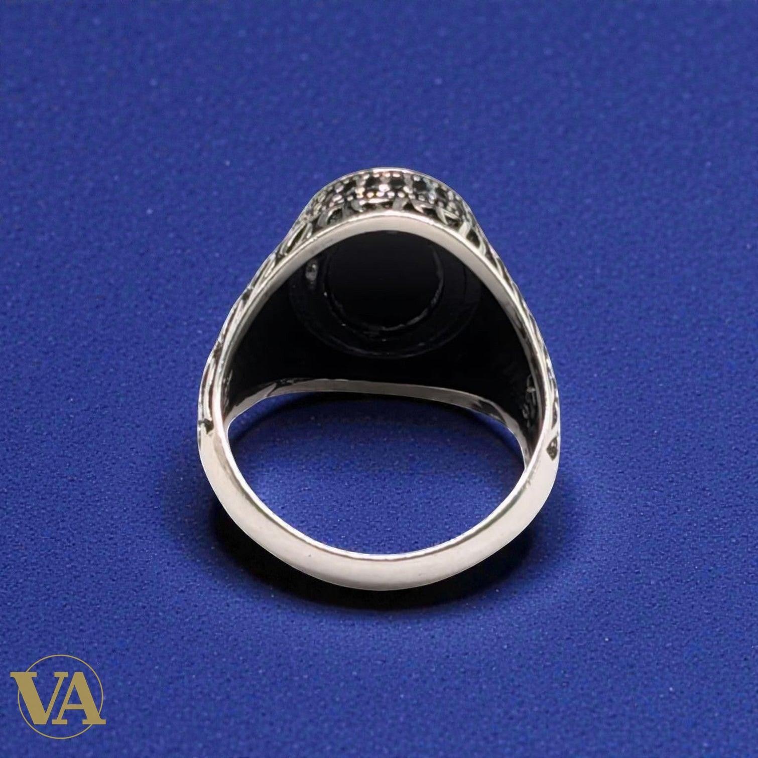 Bague Homme Argent 925 Onyx Noir Ovale – Motif Flammes Ottoman | Bijoux Vindicta