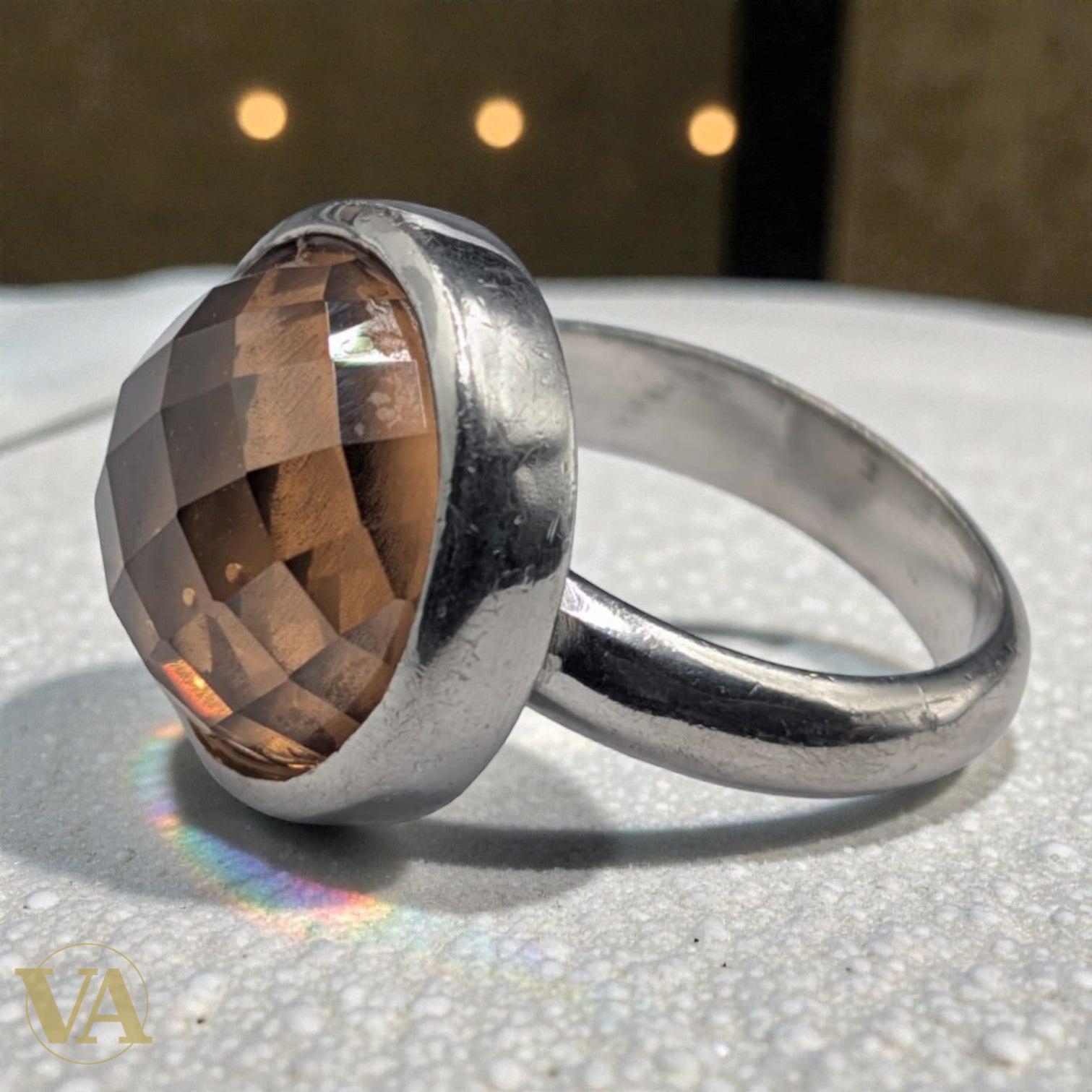 Bague femme Argent 925 Massif Quartz Fumé Facetté