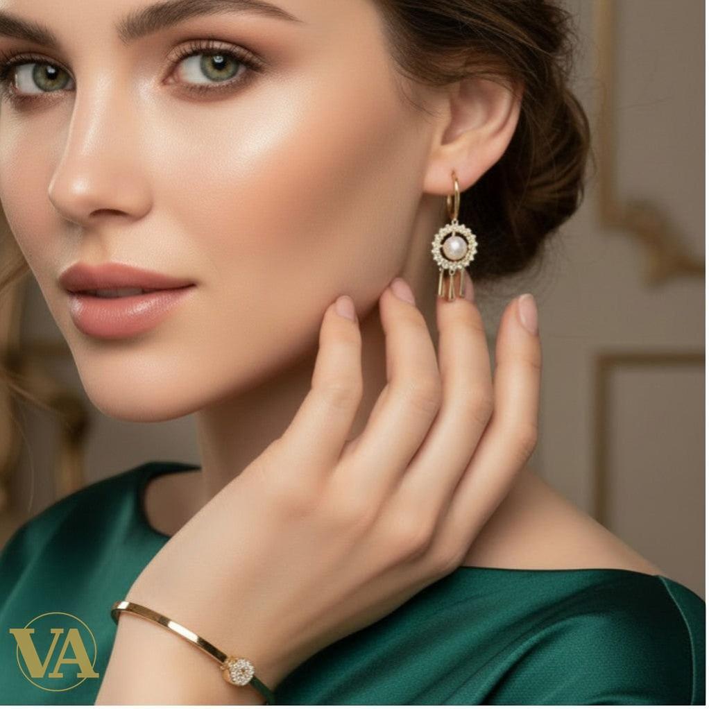 Boucles d’Oreilles Femme en Argent Plaqué Or – Perle & Oxydes de Zirconium