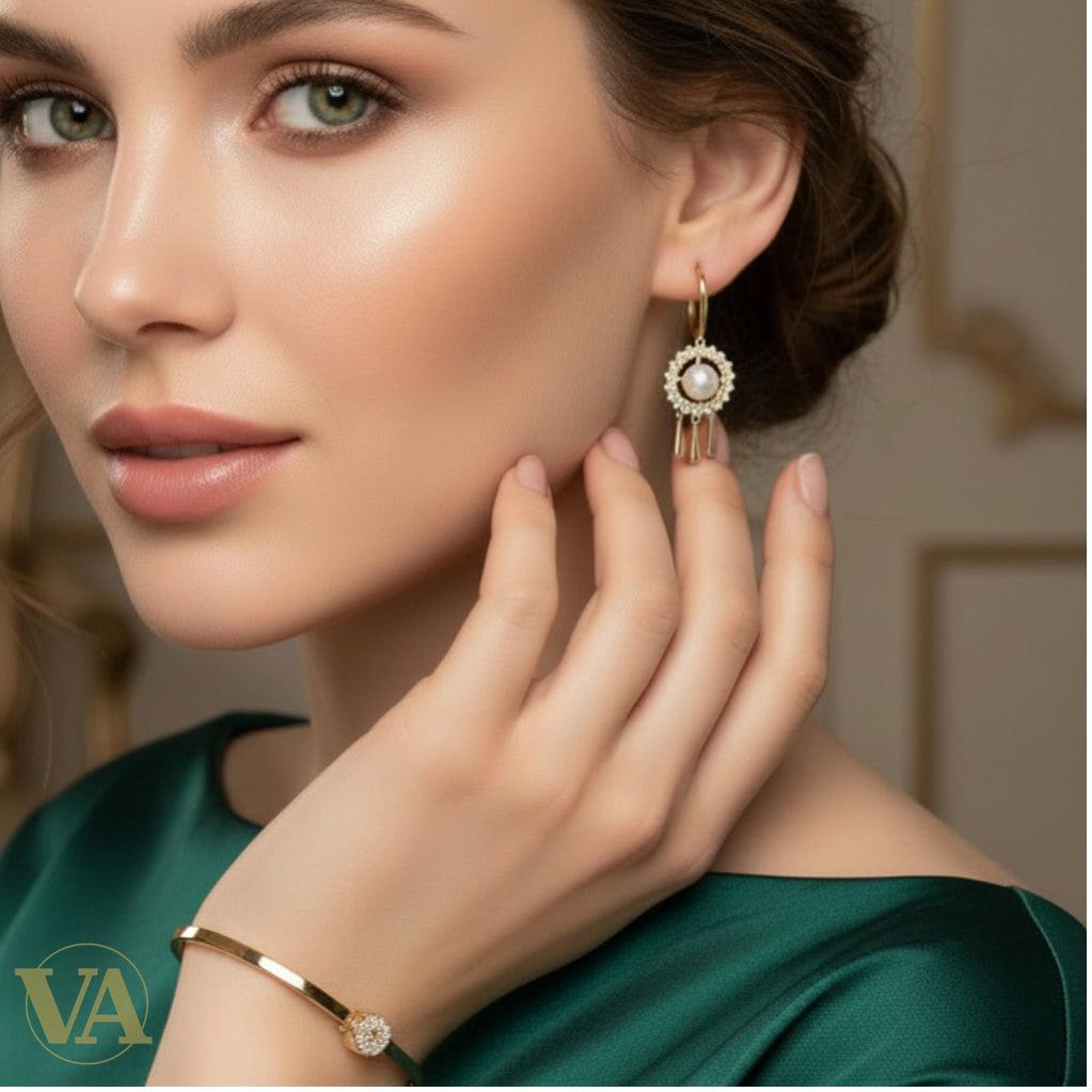 Boucles d’Oreilles Femme en Argent Plaqué Or – Perle & Oxydes de Zirconium