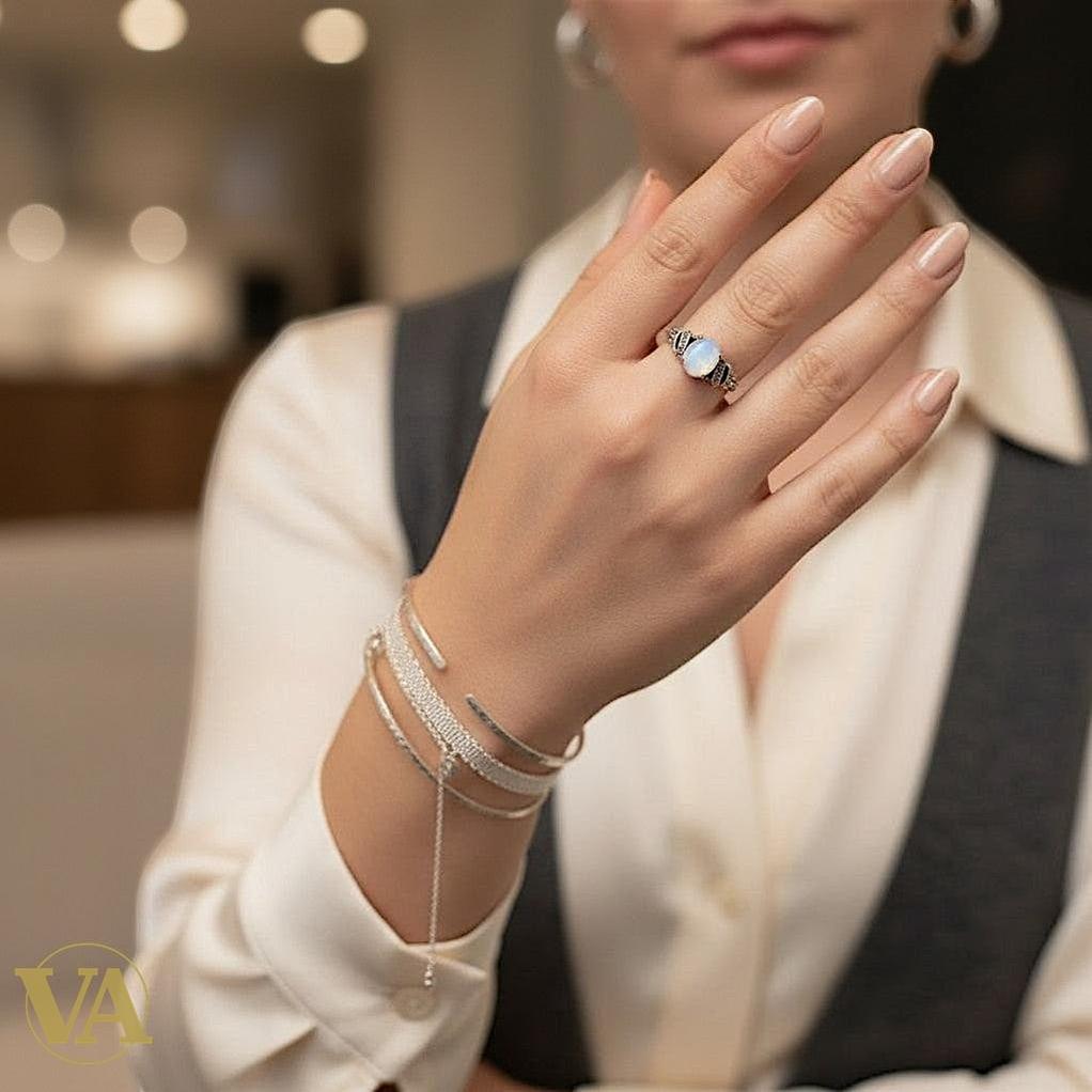 Bague femme Pierre de Lune & Marcassite | Bijoux Vindicta