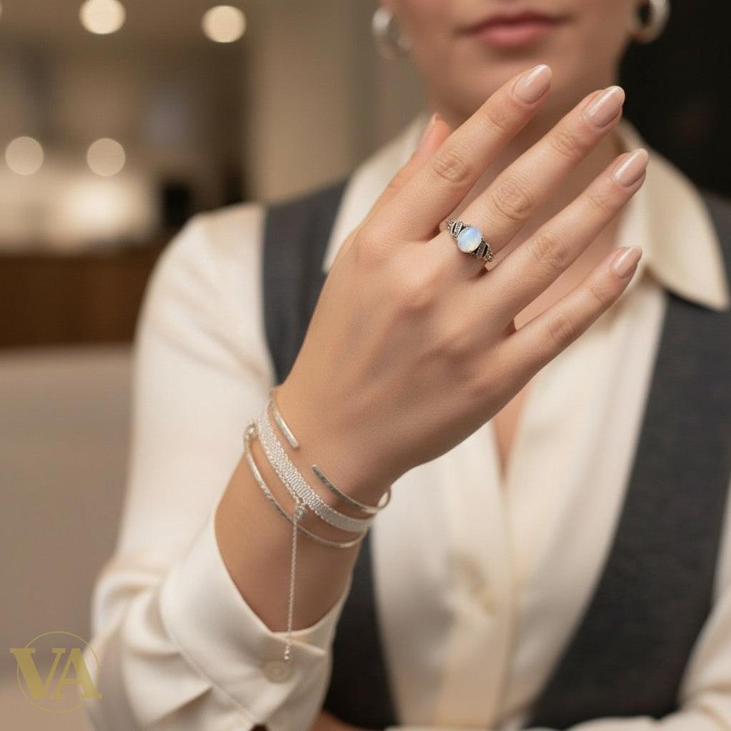 Bague femme Pierre de Lune & Marcassite