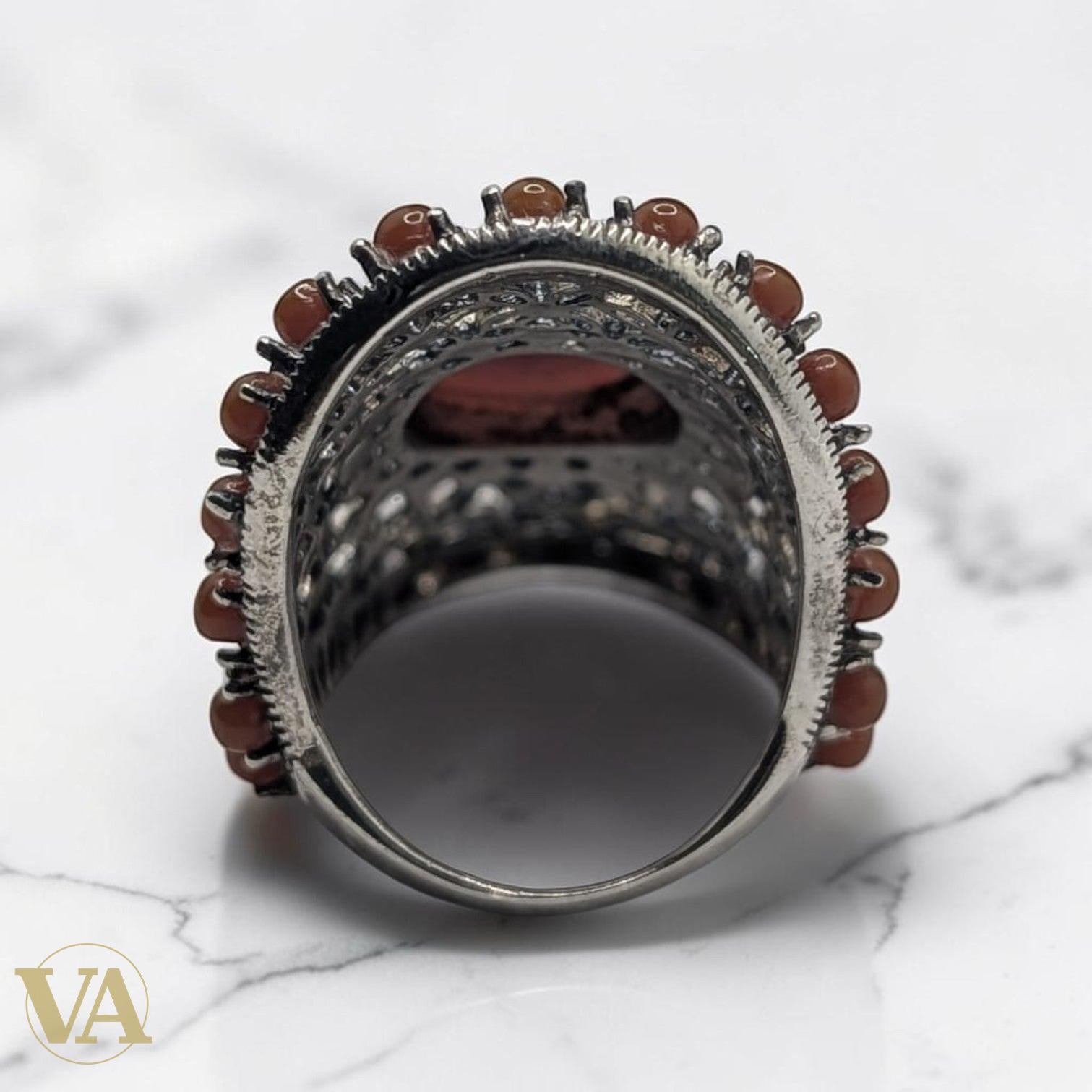Bague Femme Argent 925 Cornaline Marcassite Ajourée