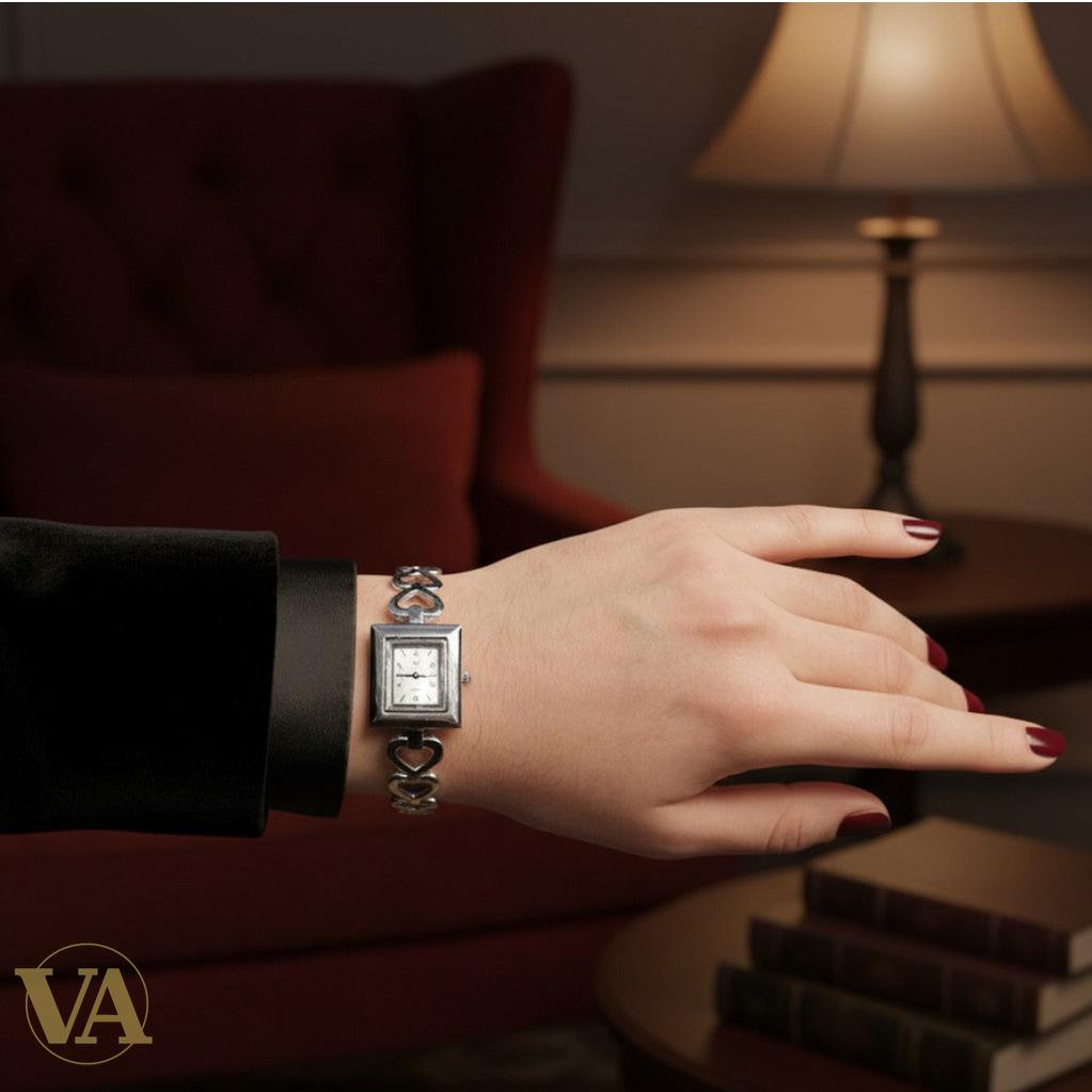 Montre Femme Argent 925 – Bracelet Cœurs & Cadran Carré Quartz