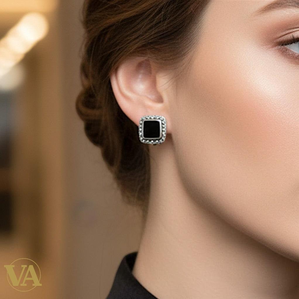 Boucles d’oreilles Femme Argent 925 Onyx Noir & Marcassite – Carrées Élégantes-Vindicta : Bijoux Argent 925 Massif, Luxe et Héritage