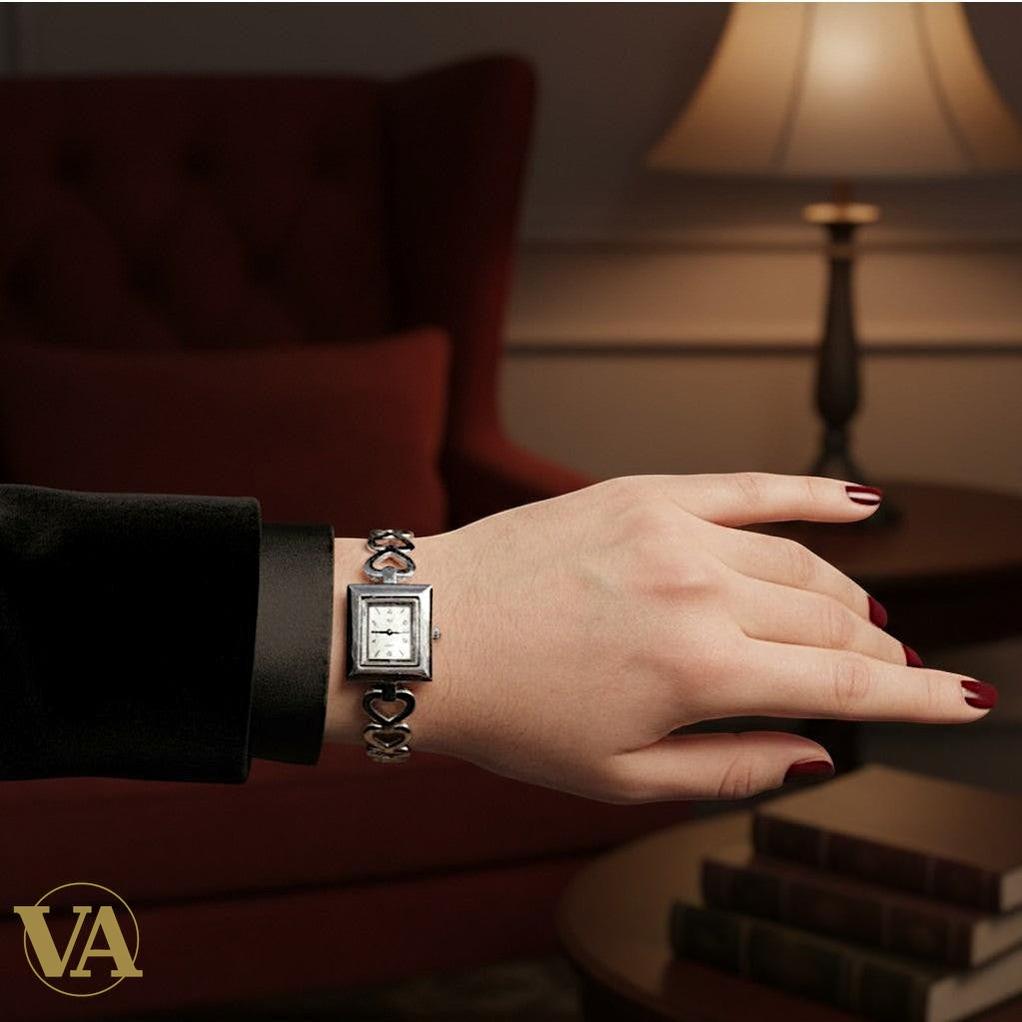 Montre Femme Argent 925 – Bracelet Cœurs & Cadran Carré Quartz