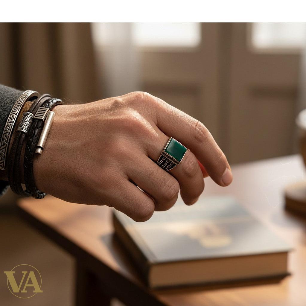 Chevalière Homme Argent 925 Pierre Aventurine Verte